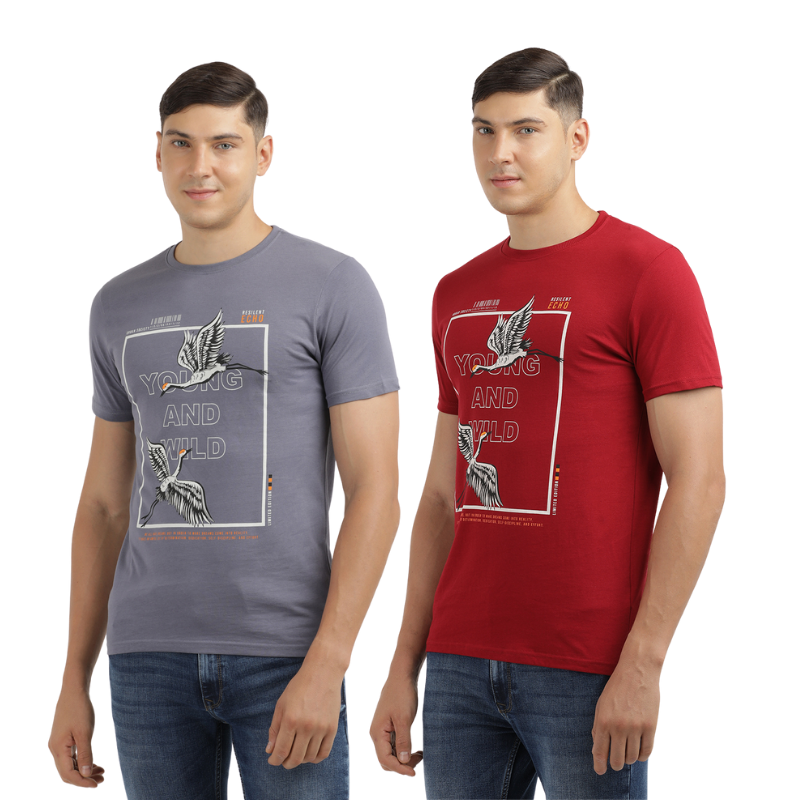 Men's Young And Wild Crew Neck Printed T-Shirt Pack Of 2