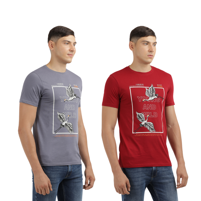 Men's Young And Wild Crew Neck Printed T-Shirt Pack Of 2