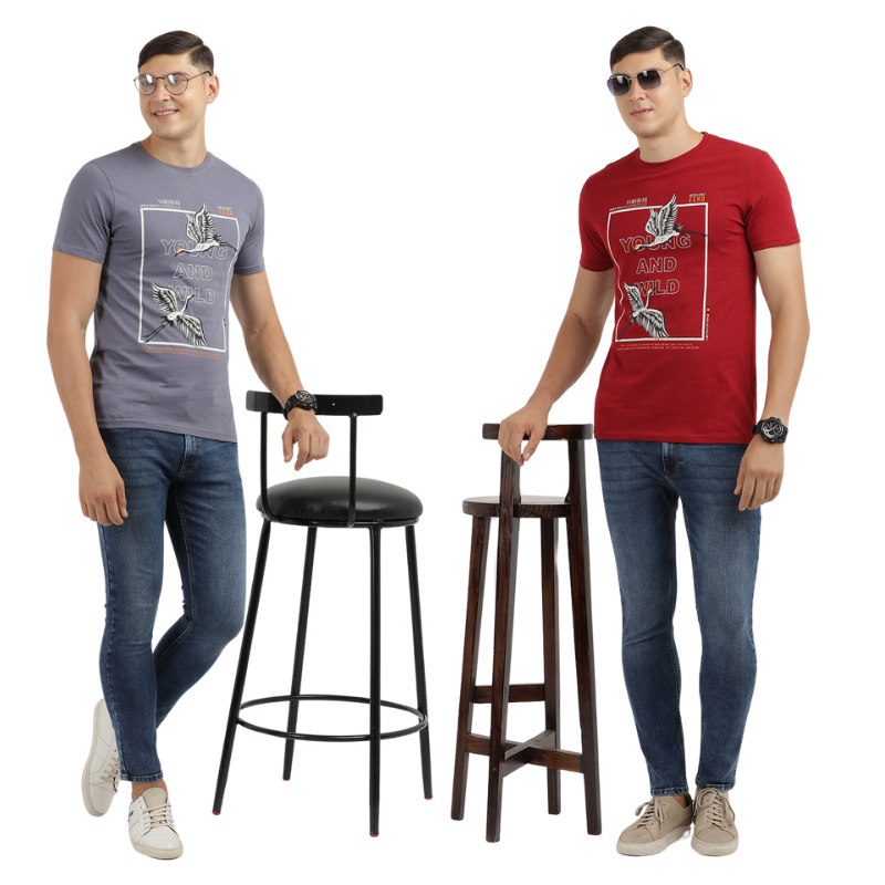 Men's Young And Wild Crew Neck Printed T-Shirt Pack Of 2