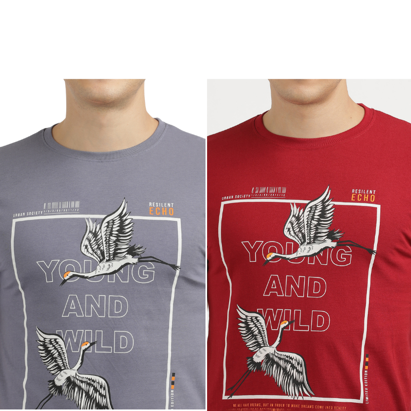 Men's Young And Wild Crew Neck Printed T-Shirt Pack Of 2