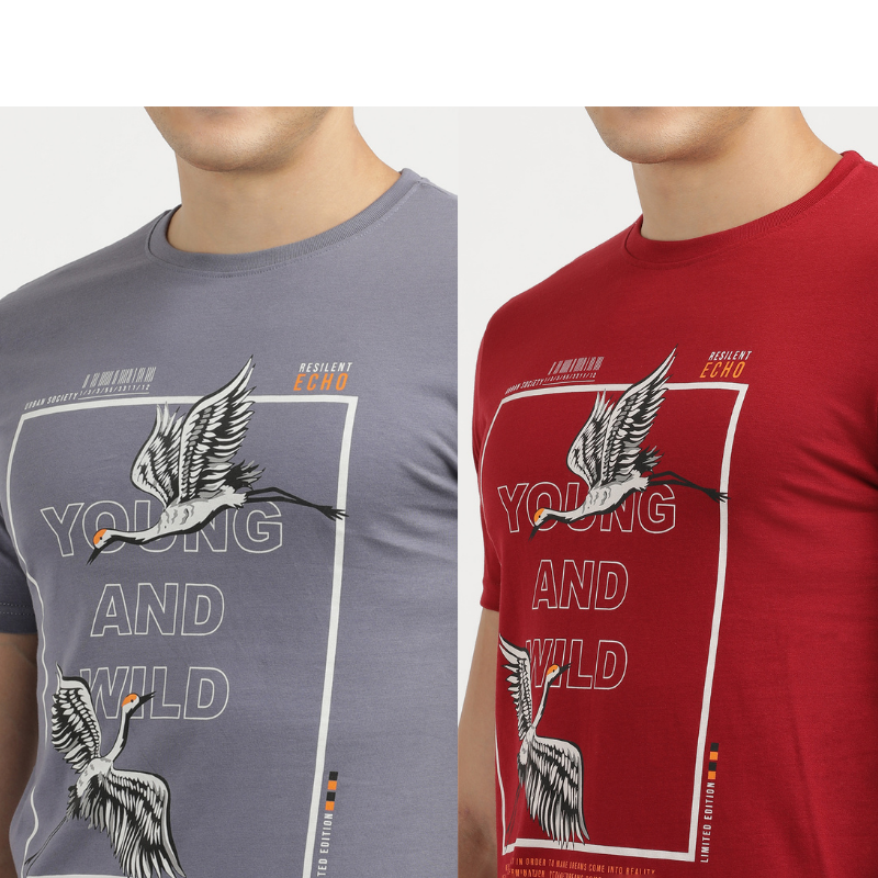 Men's Young And Wild Crew Neck Printed T-Shirt Pack Of 2