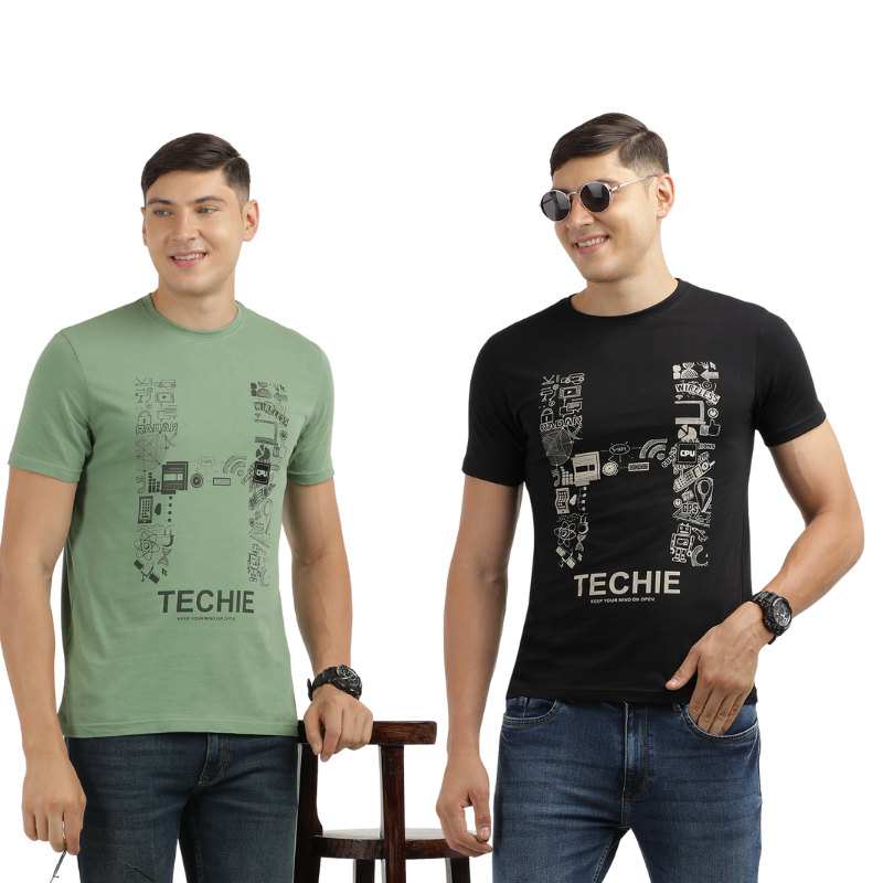 Techie Men's Graphic Printed Crew Neck T-Shirt Pack Of 2