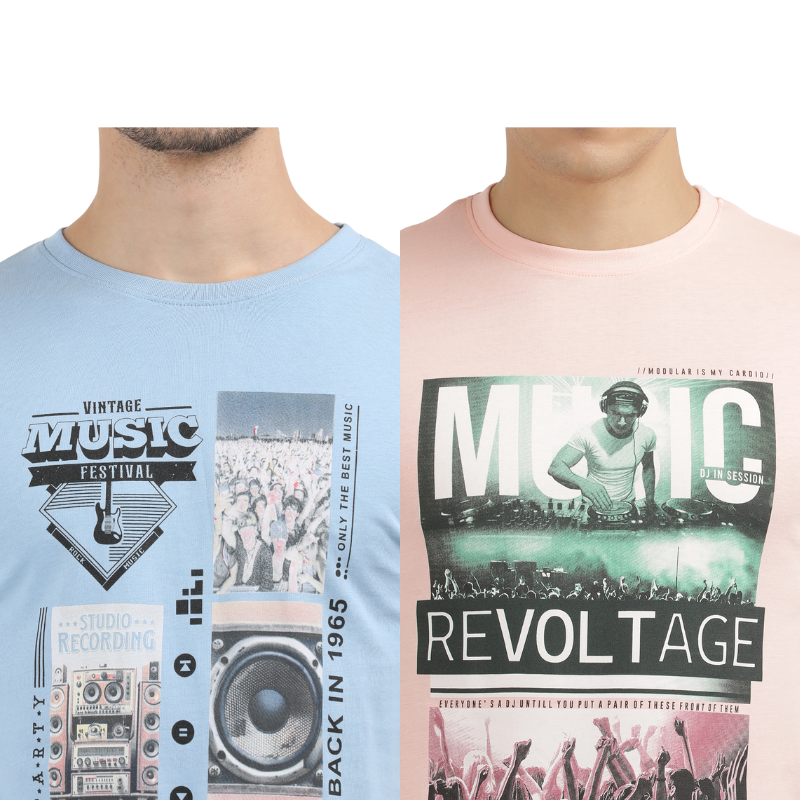 Men's Vintage Music Festival & Music Revolt age Crew Neck T-Shirt Pack Of 2