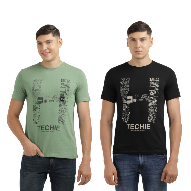 Techie Men's Graphic Printed Crew Neck T-Shirt Pack Of 2