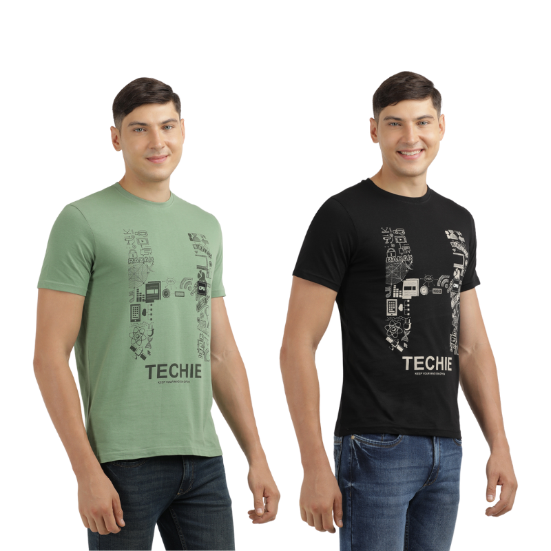 Techie Men's Graphic Printed Crew Neck T-Shirt Pack Of 2