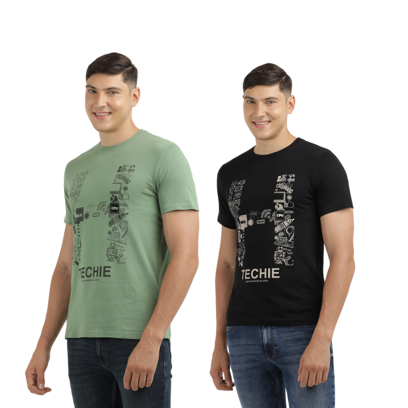 Techie Men's Graphic Printed Crew Neck T-Shirt Pack Of 2