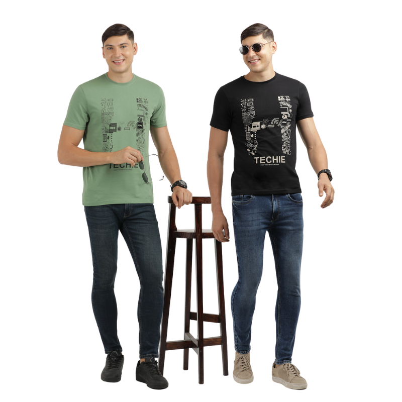 Techie Men's Graphic Printed Crew Neck T-Shirt Pack Of 2