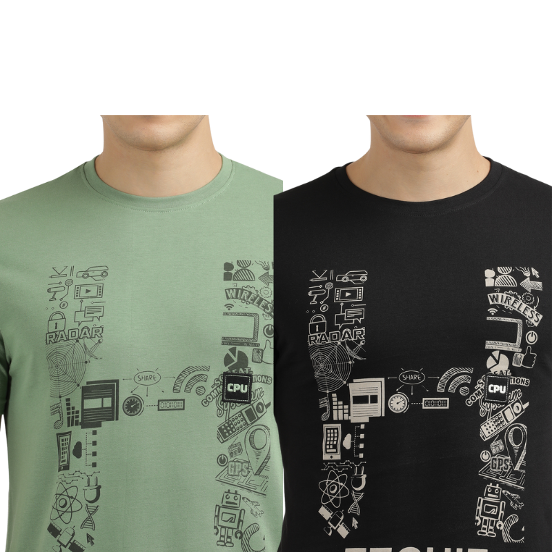 Techie Men's Graphic Printed Crew Neck T-Shirt Pack Of 2