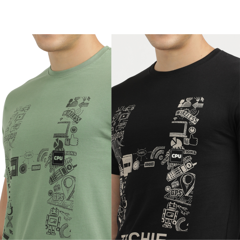 Techie Men's Graphic Printed Crew Neck T-Shirt Pack Of 2