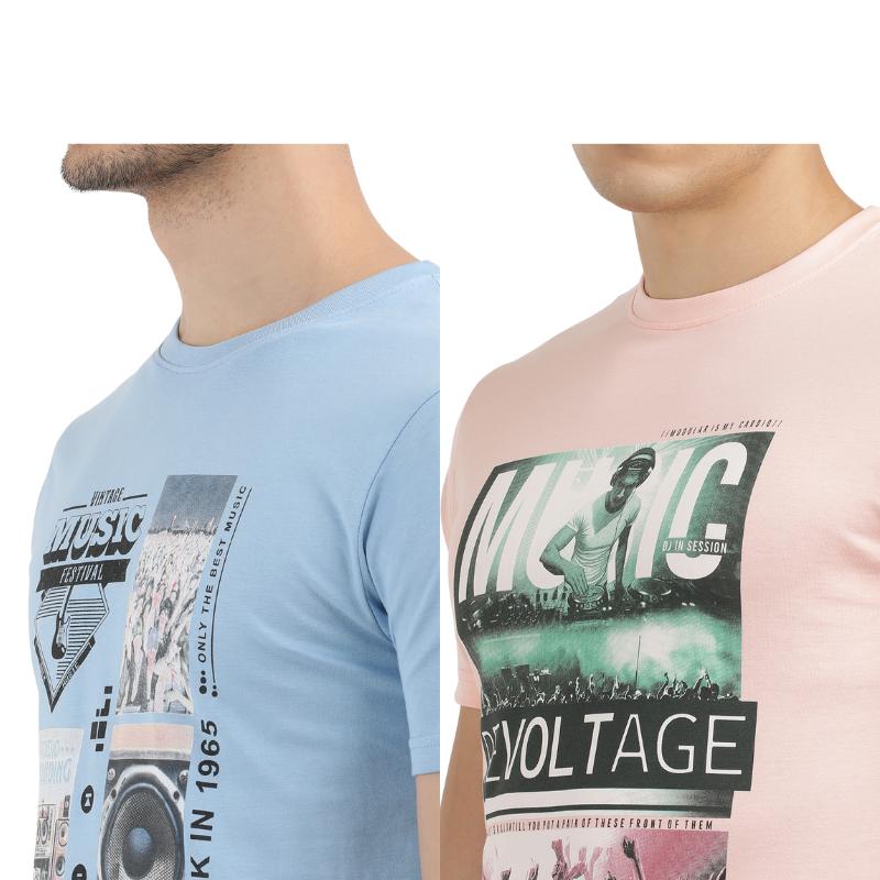 Men's Vintage Music Festival & Music Revolt age Crew Neck T-Shirt Pack Of 2