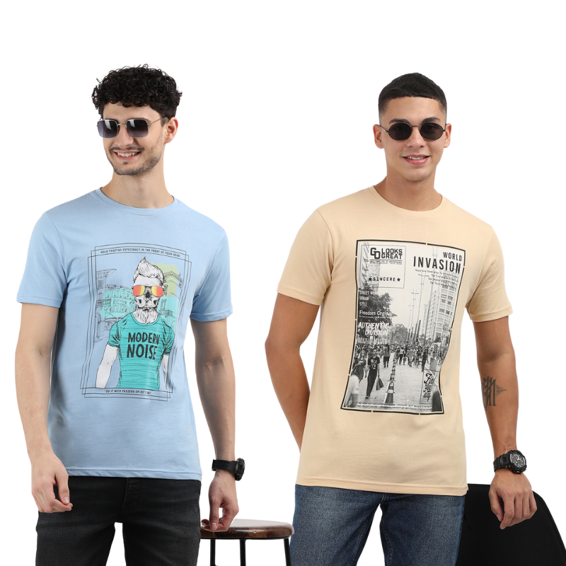 Men's Modern Noise & World Invasion Round Neck Printed T-Shirt Pack of 2