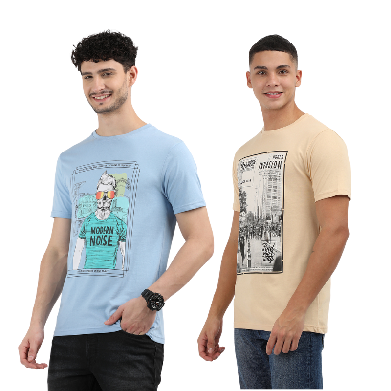 Men's Modern Noise & World Invasion Round Neck Printed T-Shirt Pack of 2