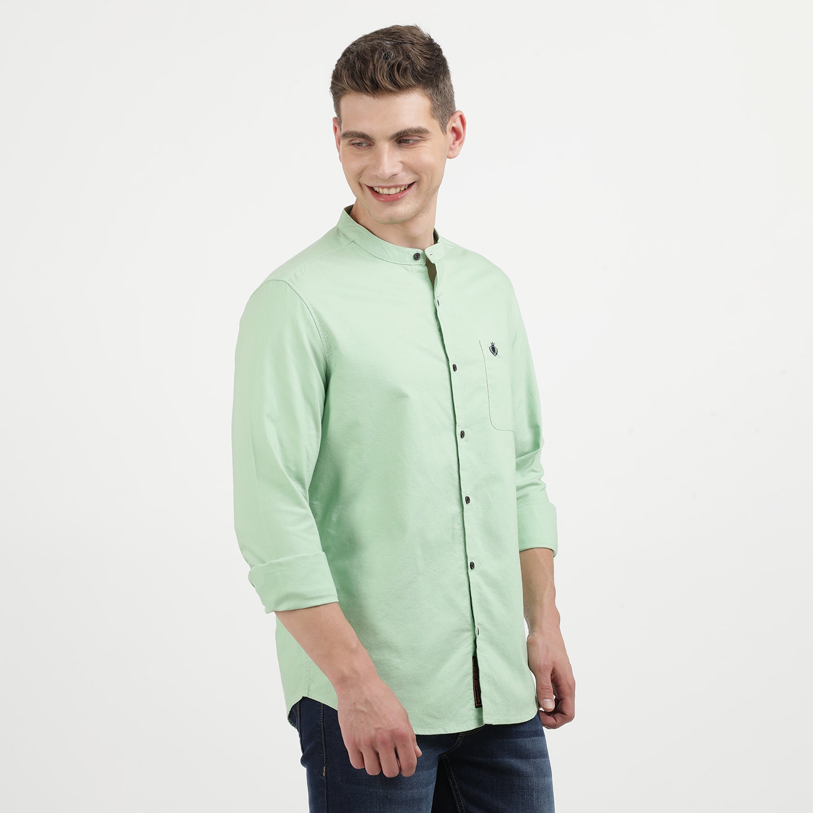 Green Solid Oxford Fabric Mandarin Collar Full Sleeve Casual Shirt