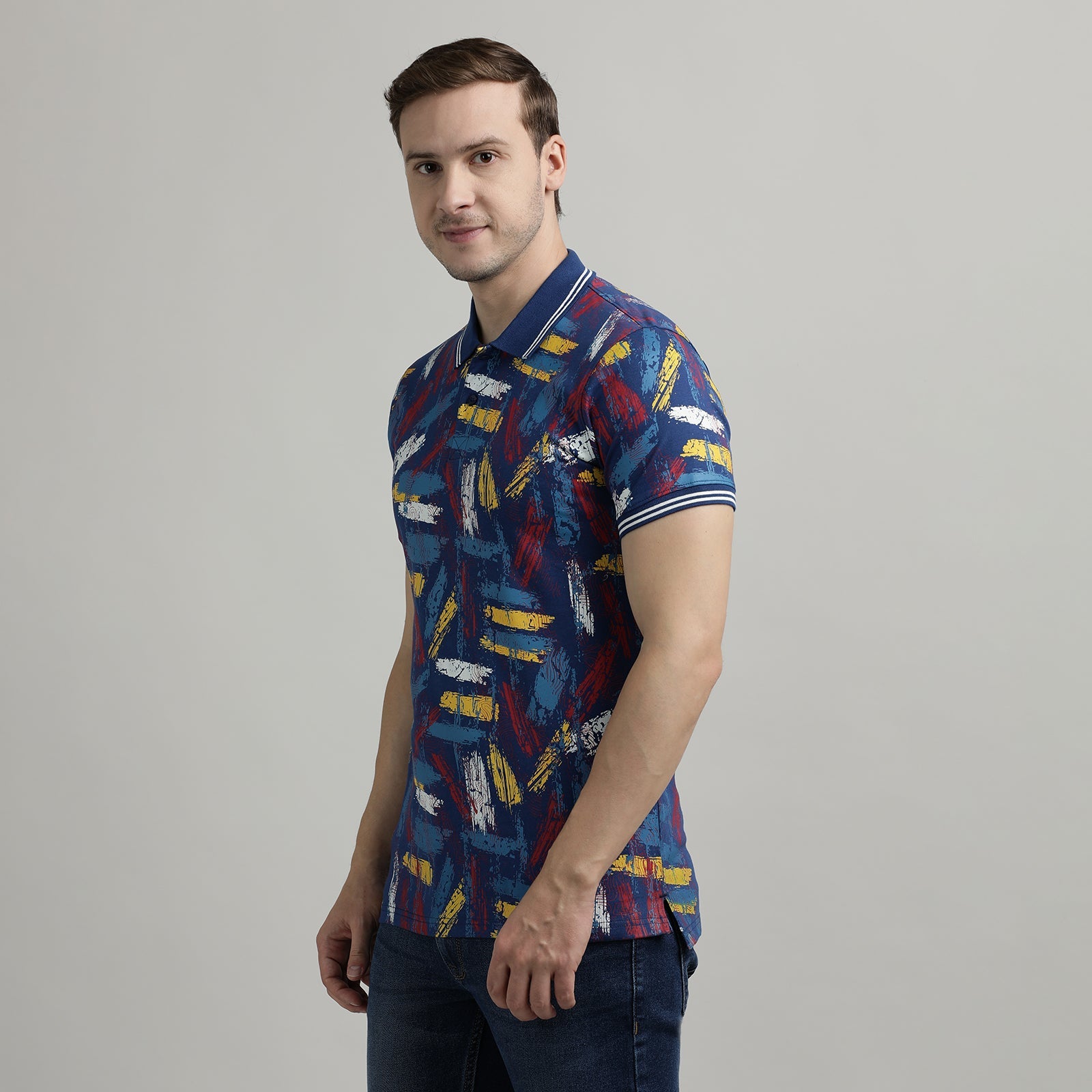 All Over Print Navy Peony Polo T-Shirt