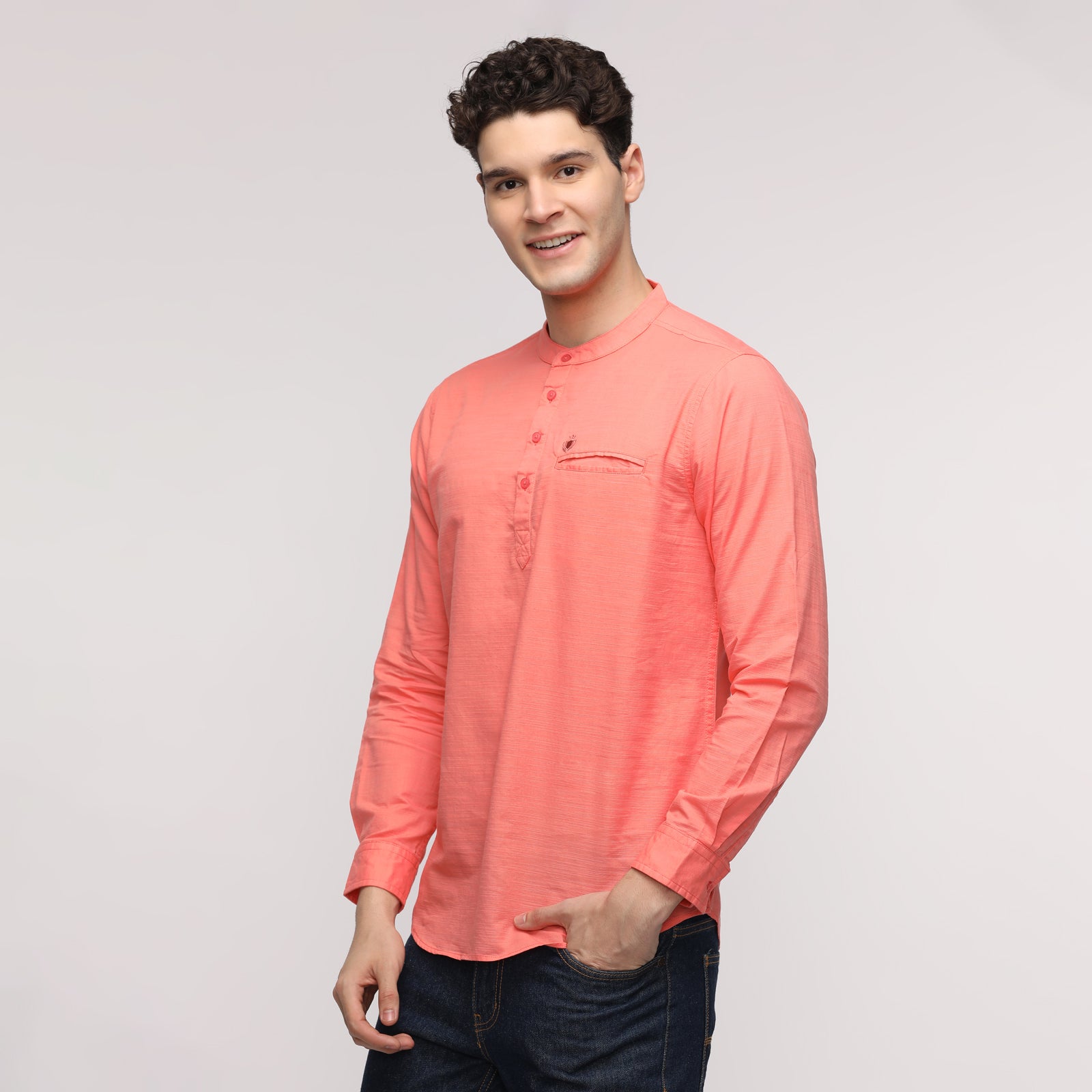 Men's Ocean Coral Full Sleeve Solid Short Kurthi