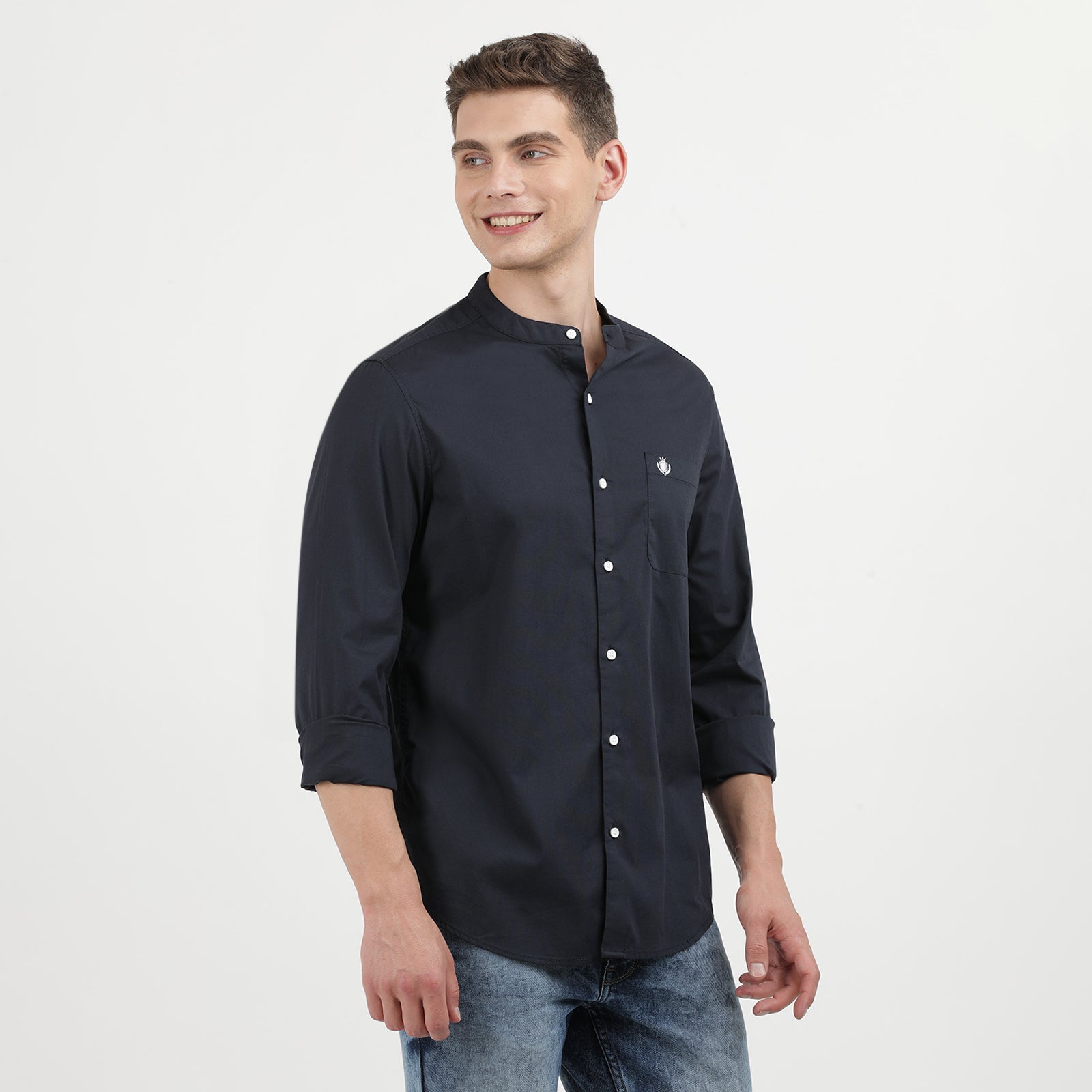 Elegant Dark Navy Mandarin Collar Casual Shirt