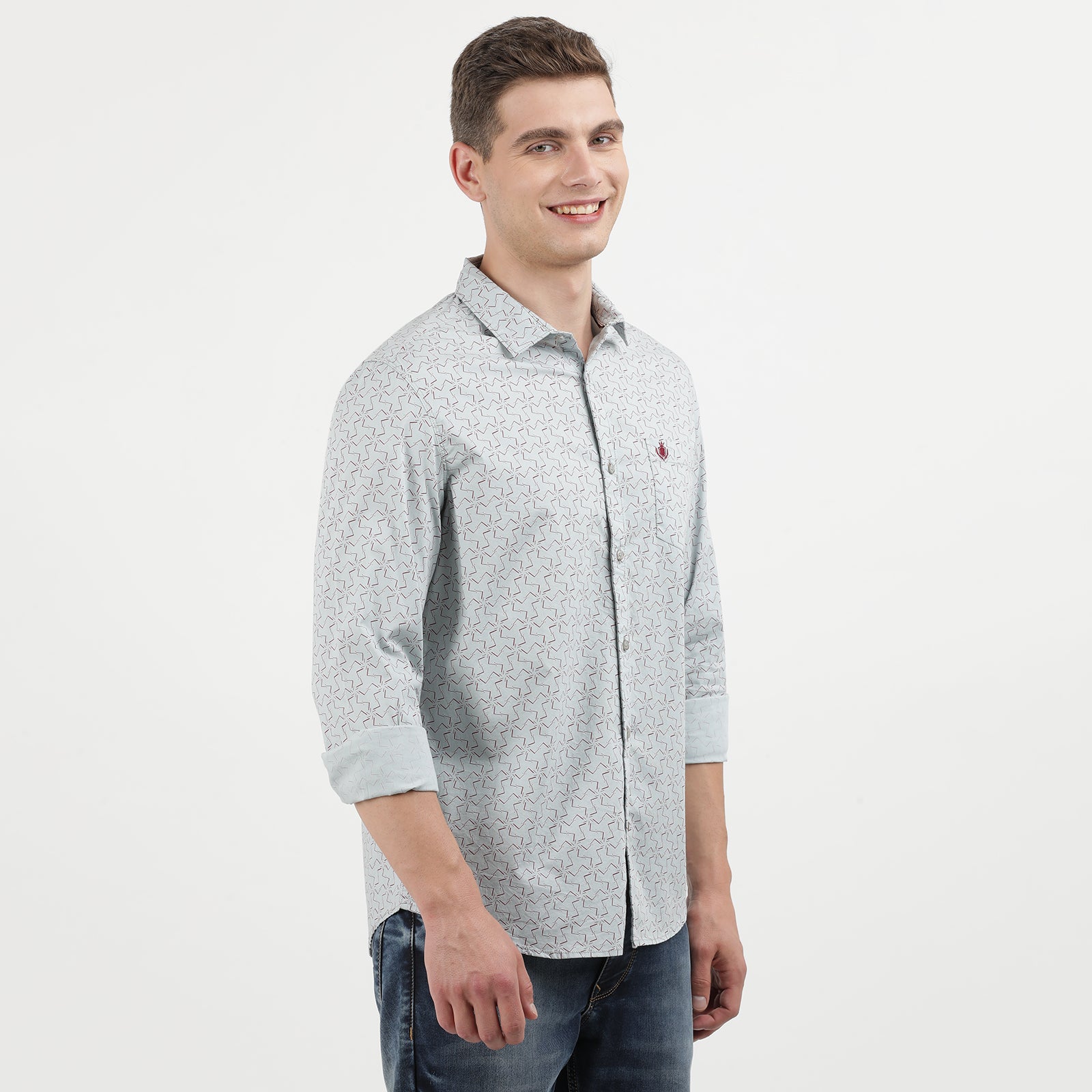 Men's Grey Geometric Print Long Sleeve Shirt