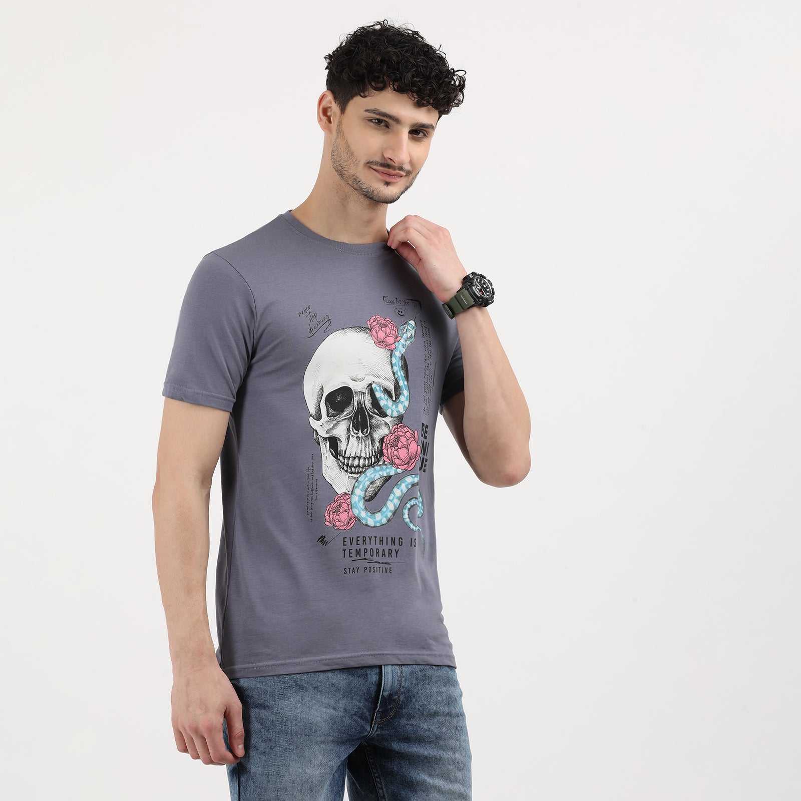 Grisaille Everything is Temporary Skull Print Round Neck T-Shirt