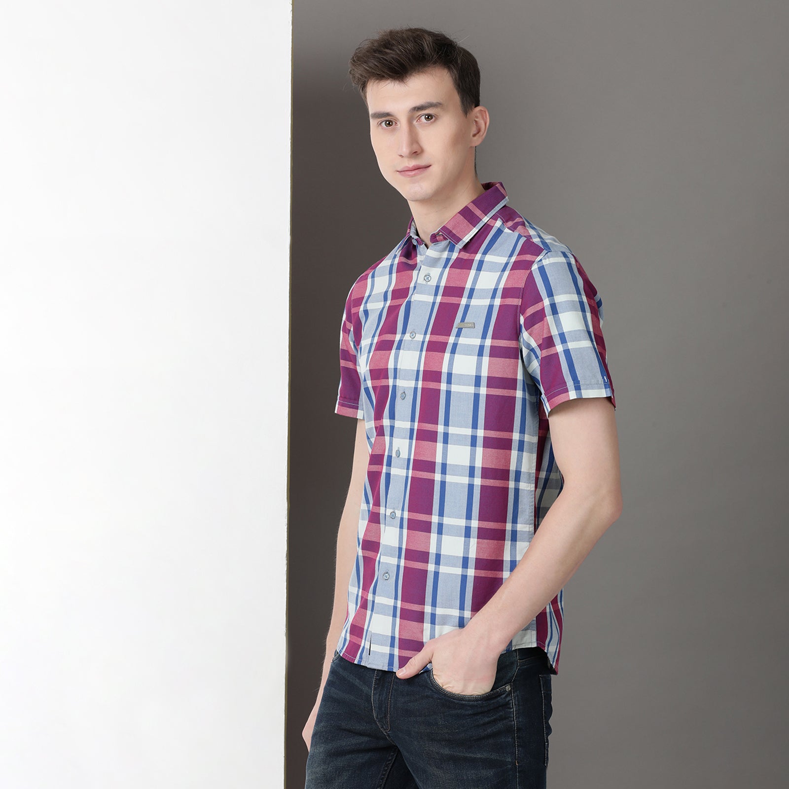 Purple & Blue Half Sleeve Checks Shirt