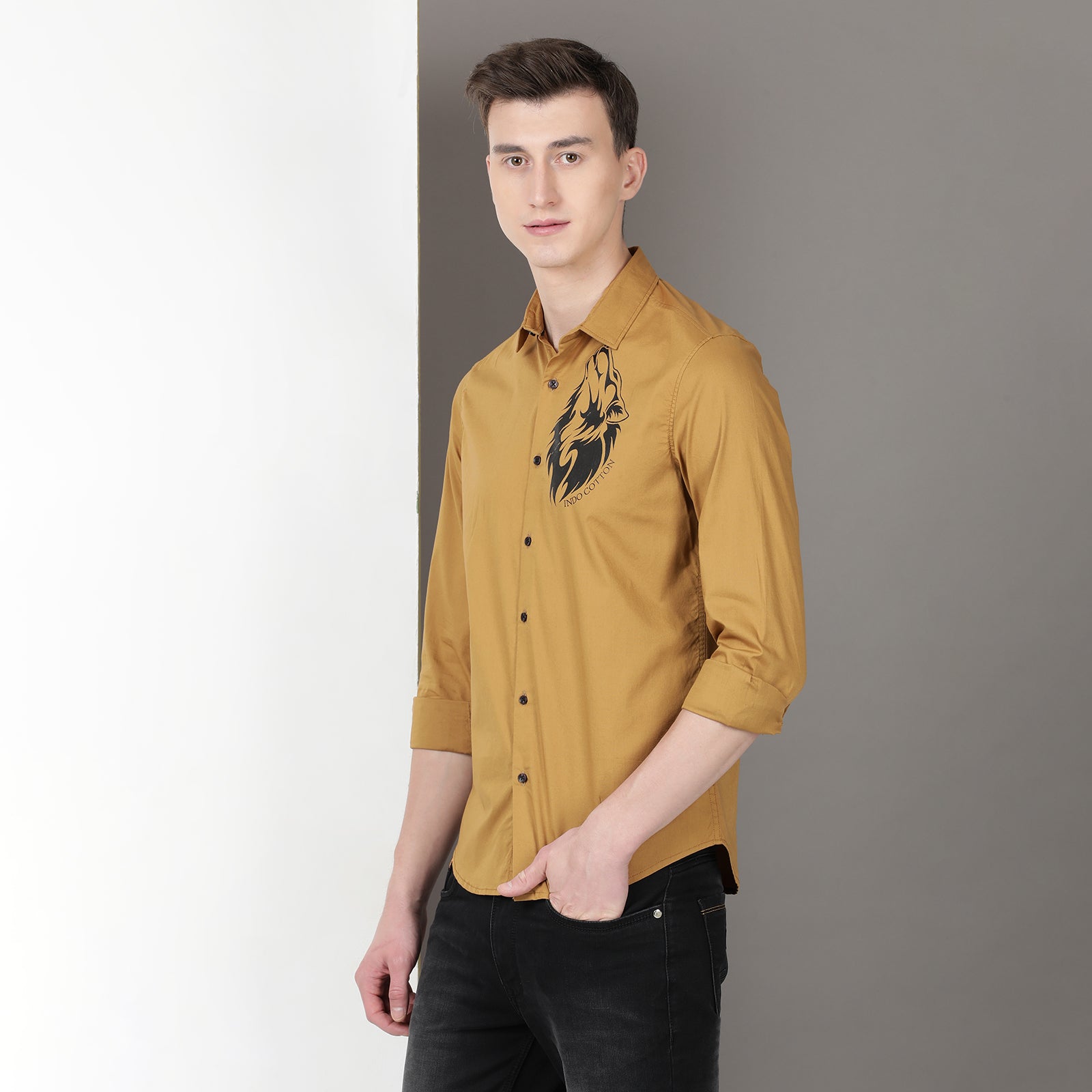 Mustard Colour With Black Full Sleeve Printed Shirt