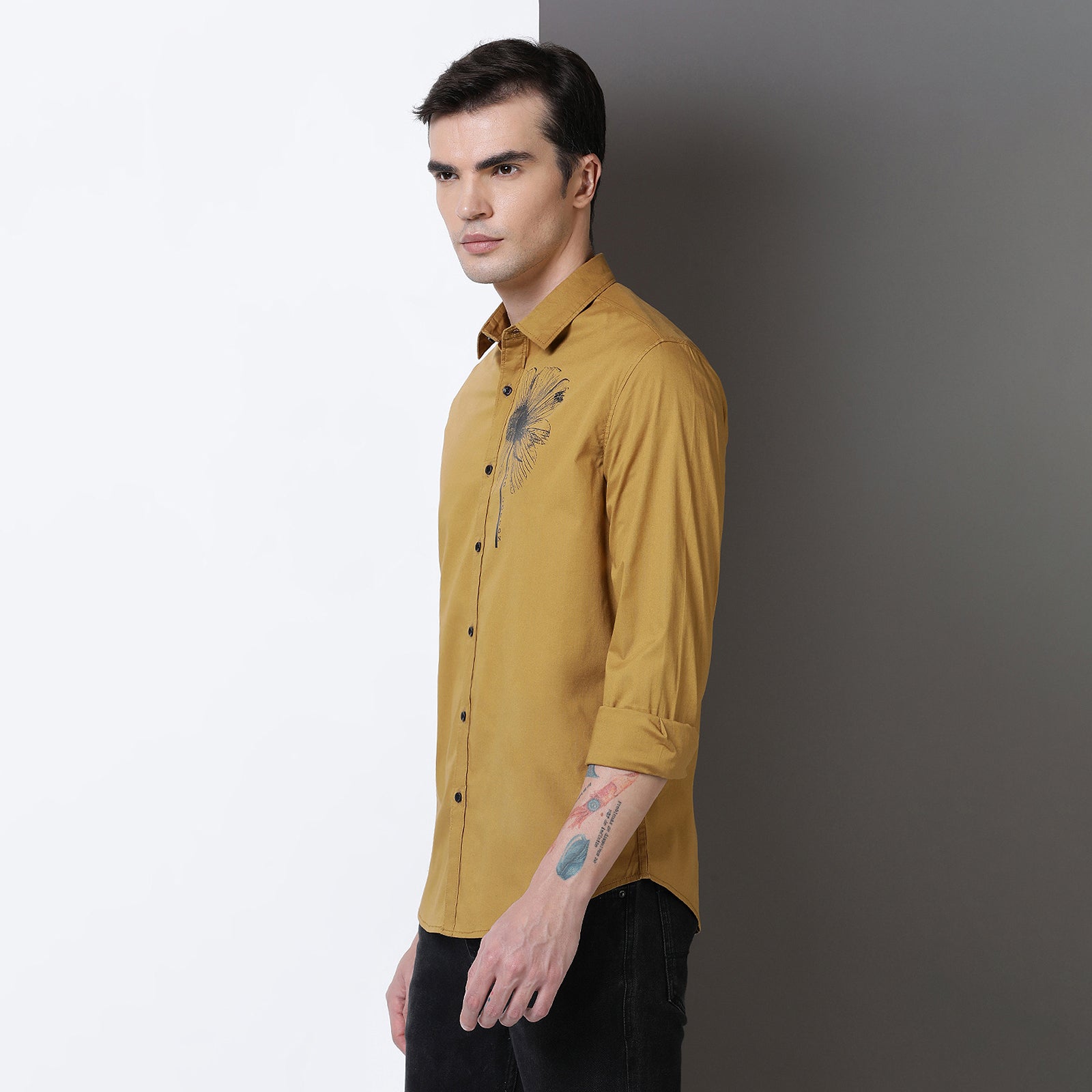 Mustard Color With Black Print Full Sleeve Shirt