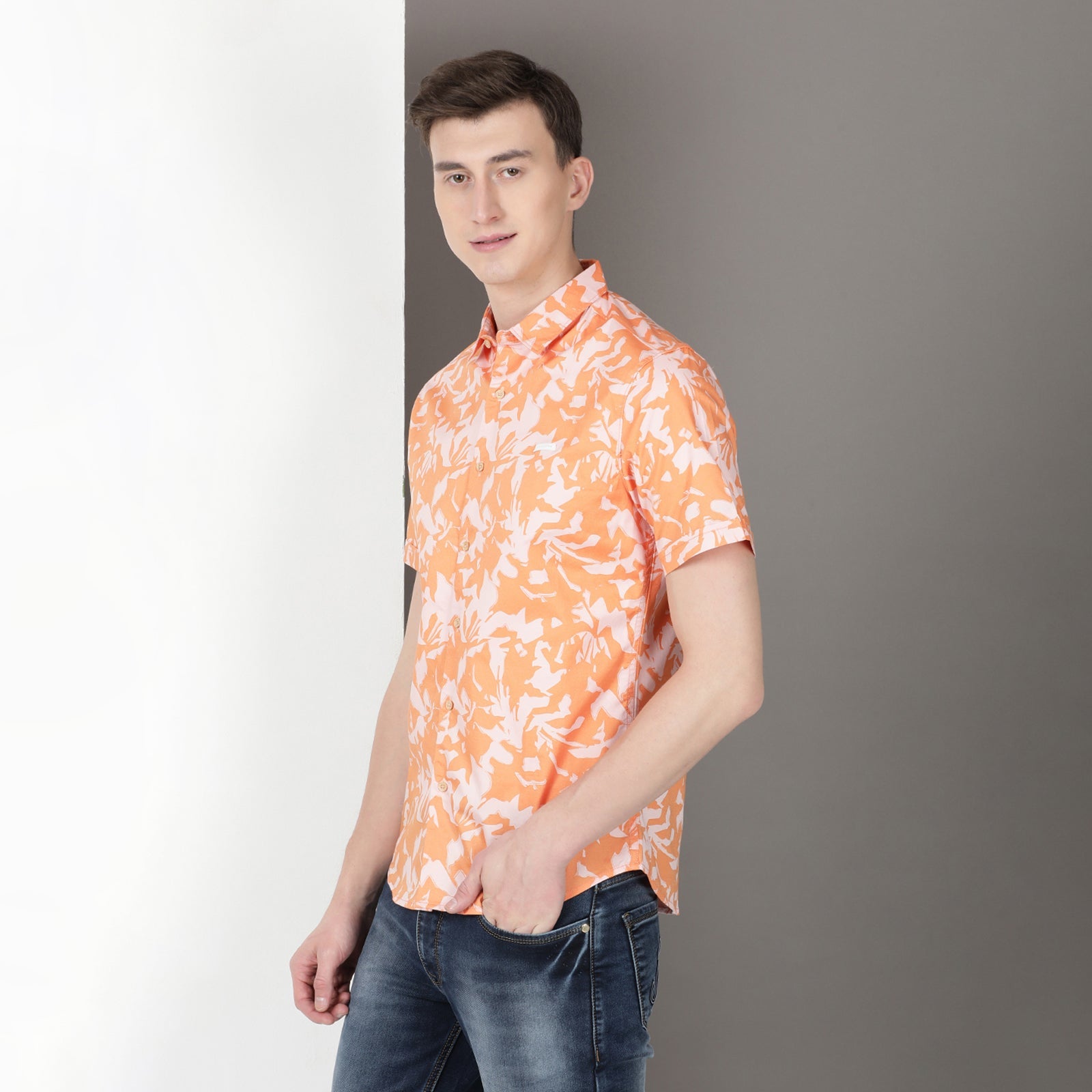 Orange Half Sleeve Floral Printed Shirt