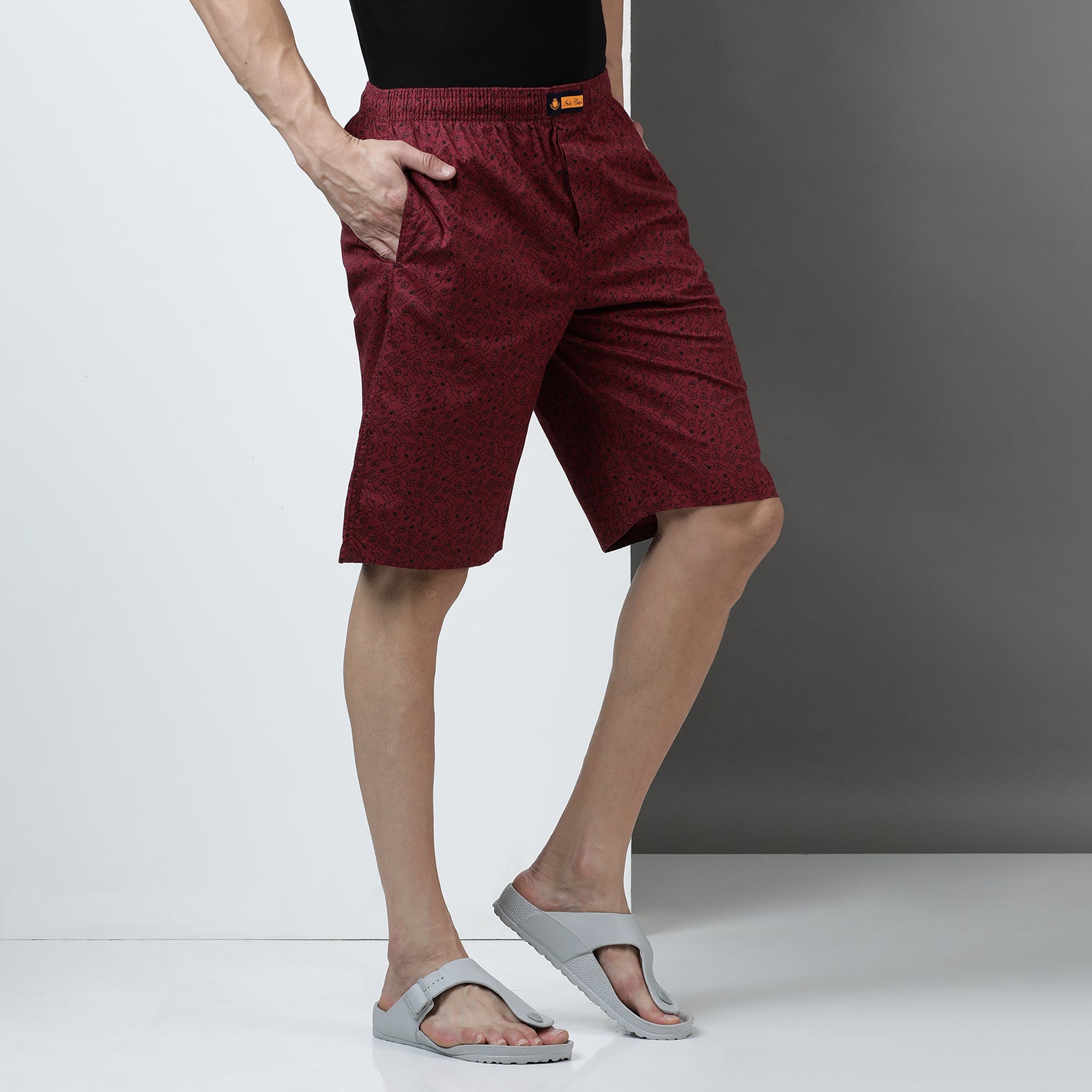 Marron Cotton Printed Long Thigh Shorts