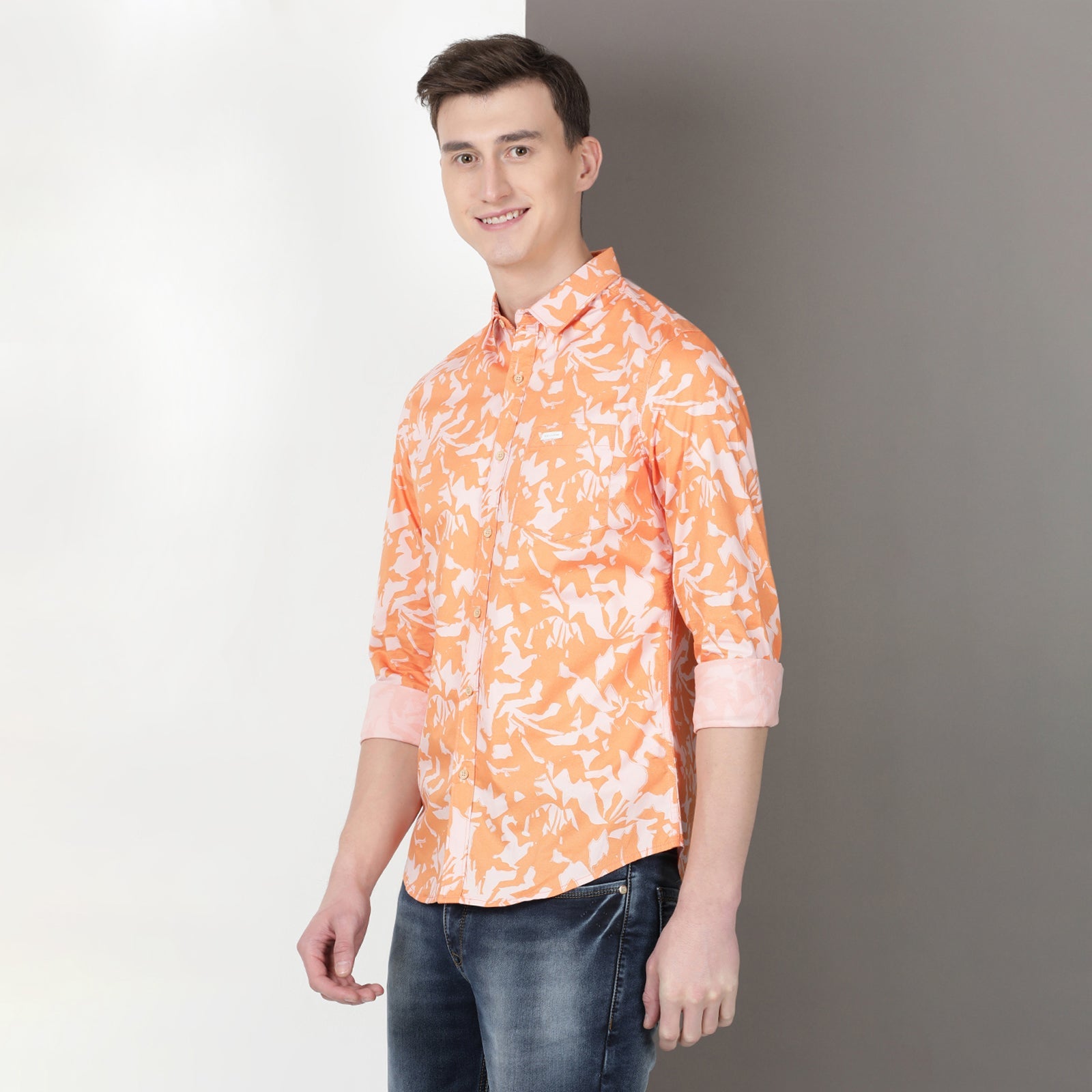 Orange Full Sleeve Floral Printed Shirt