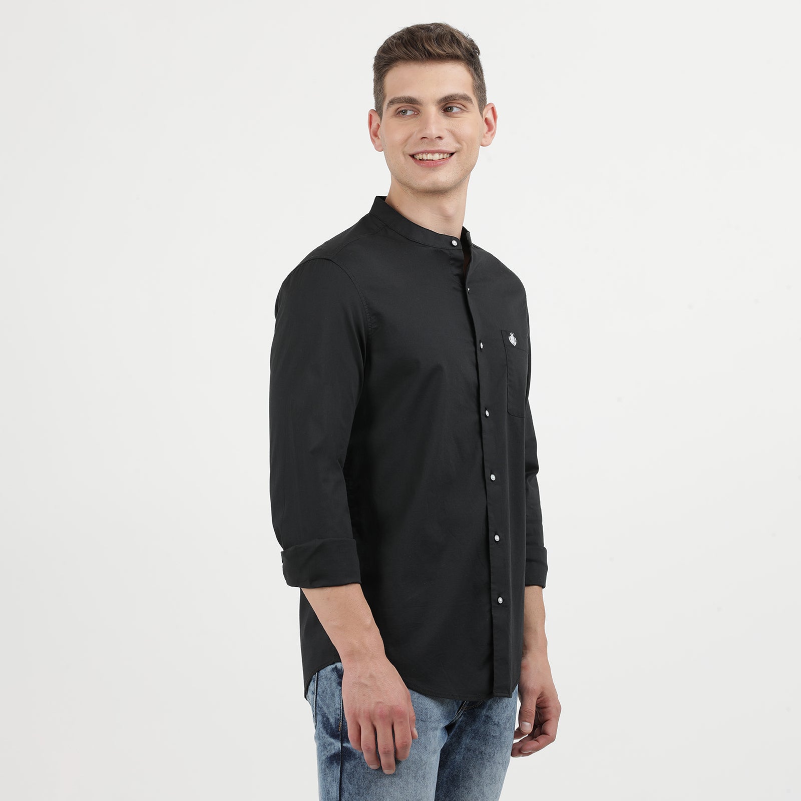 Black Solid Mandarin Collar Full Sleeve Casual Shirt