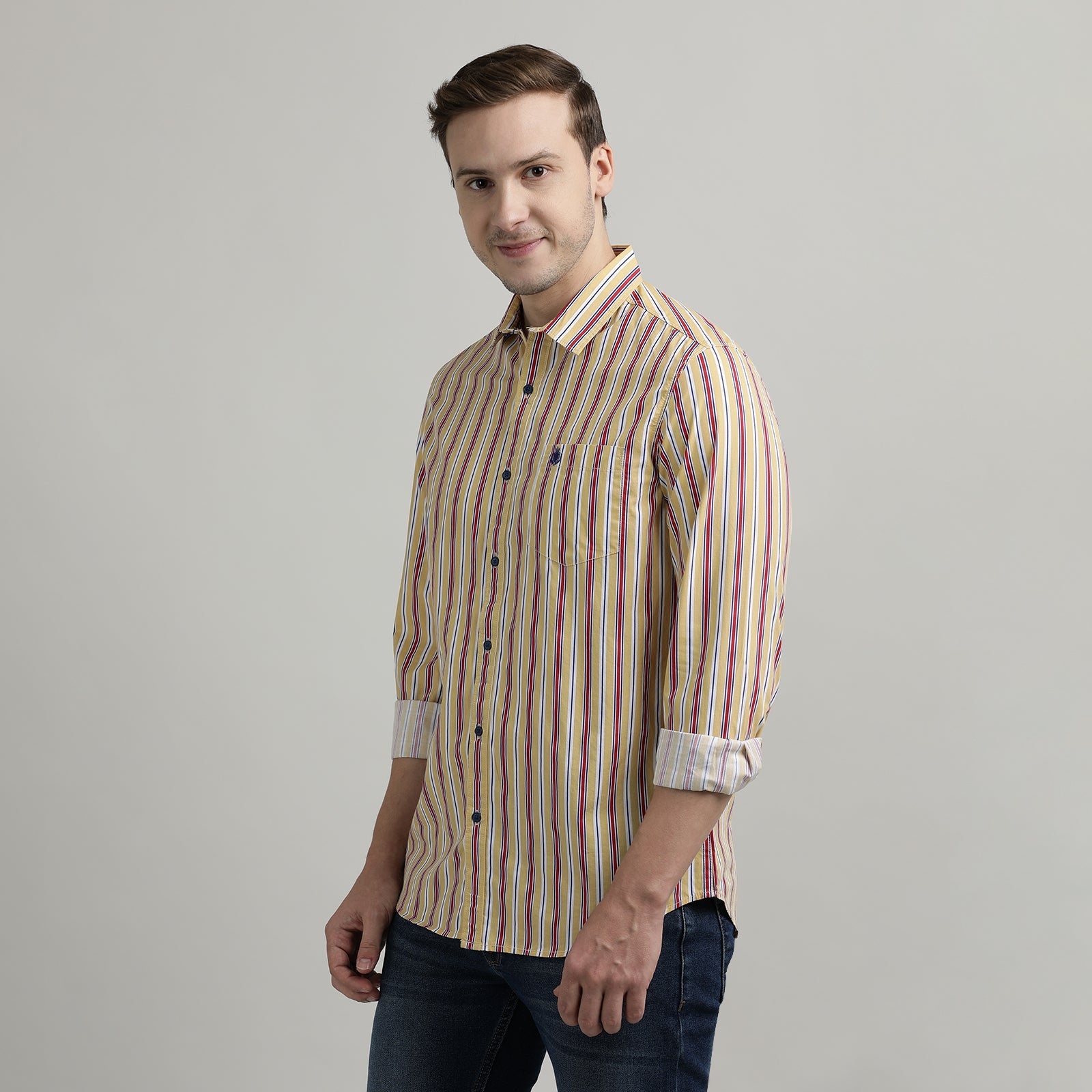 Yellow & Red Striped Full Sleeve Shirt