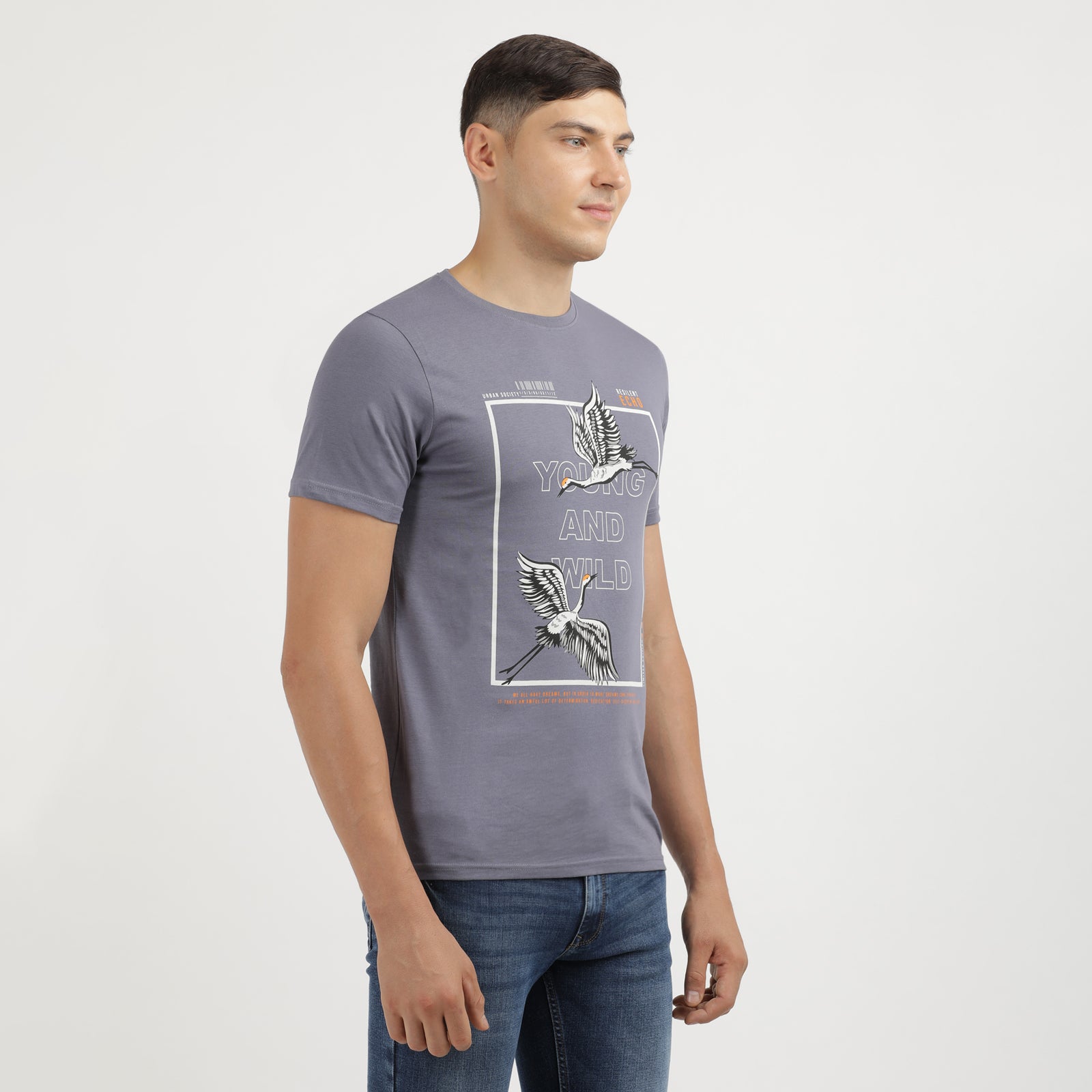 Men's Grisaille Young And Wild  Crew Neck Printed T-Shirt