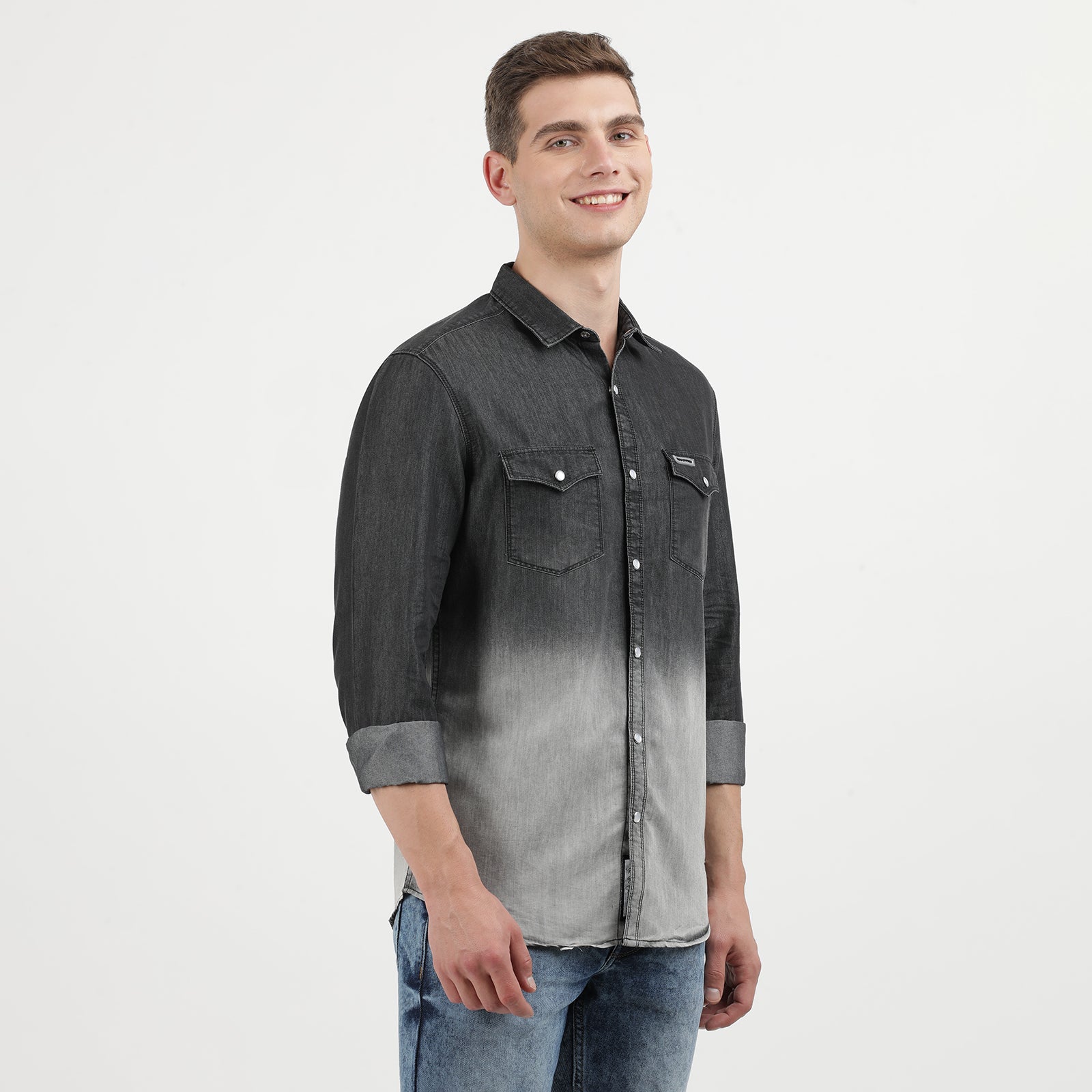 Denim Black Heavy Wash Half and Half Full Sleeve Casual Shirt