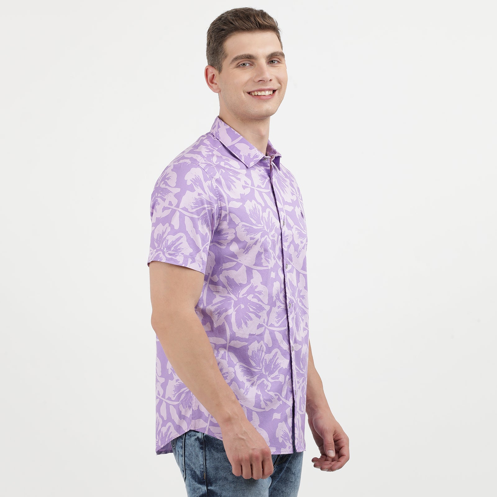 Men's Lilac Floral Print Short Sleeve Shirt