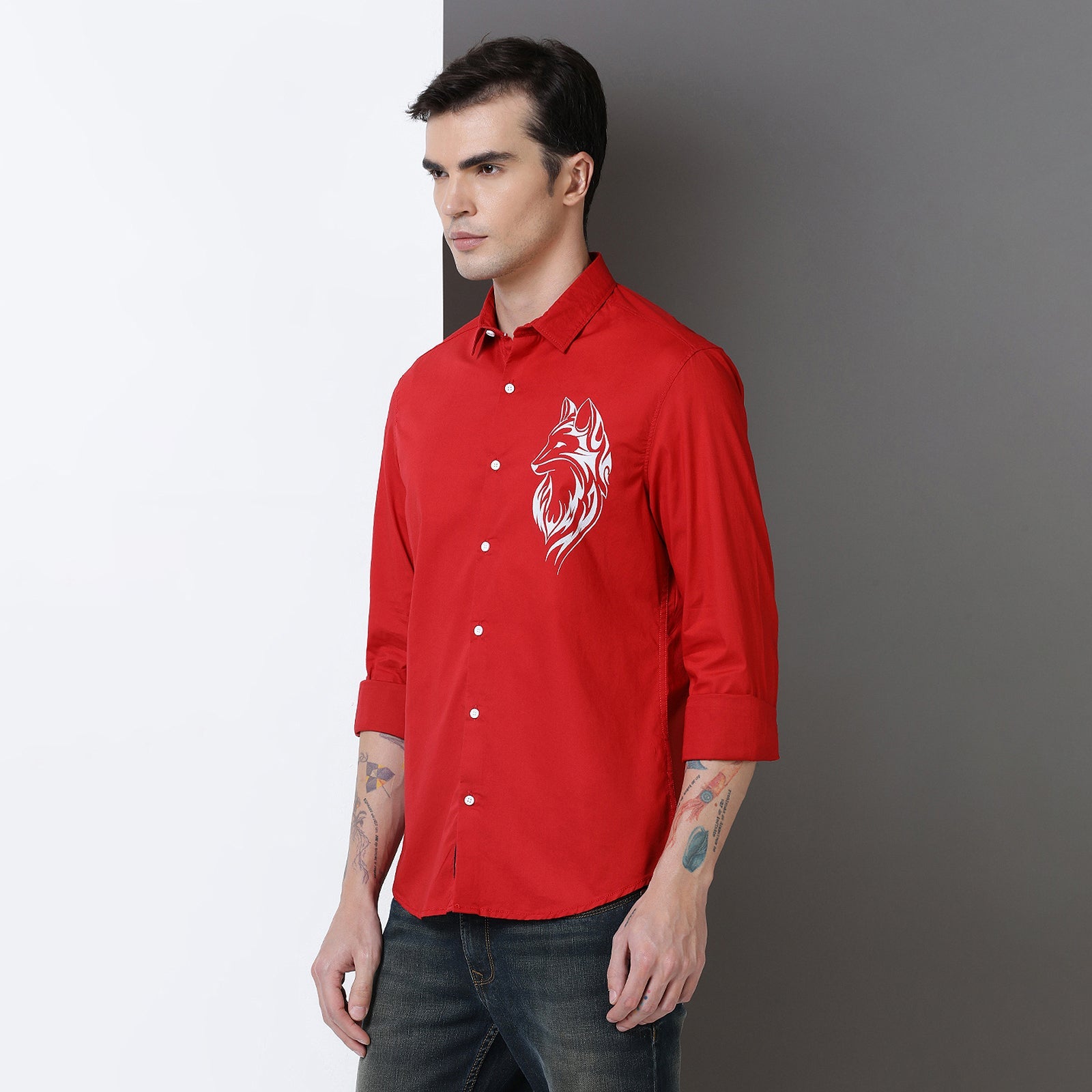 Red Colour With White Print Full Sleeve Shirt