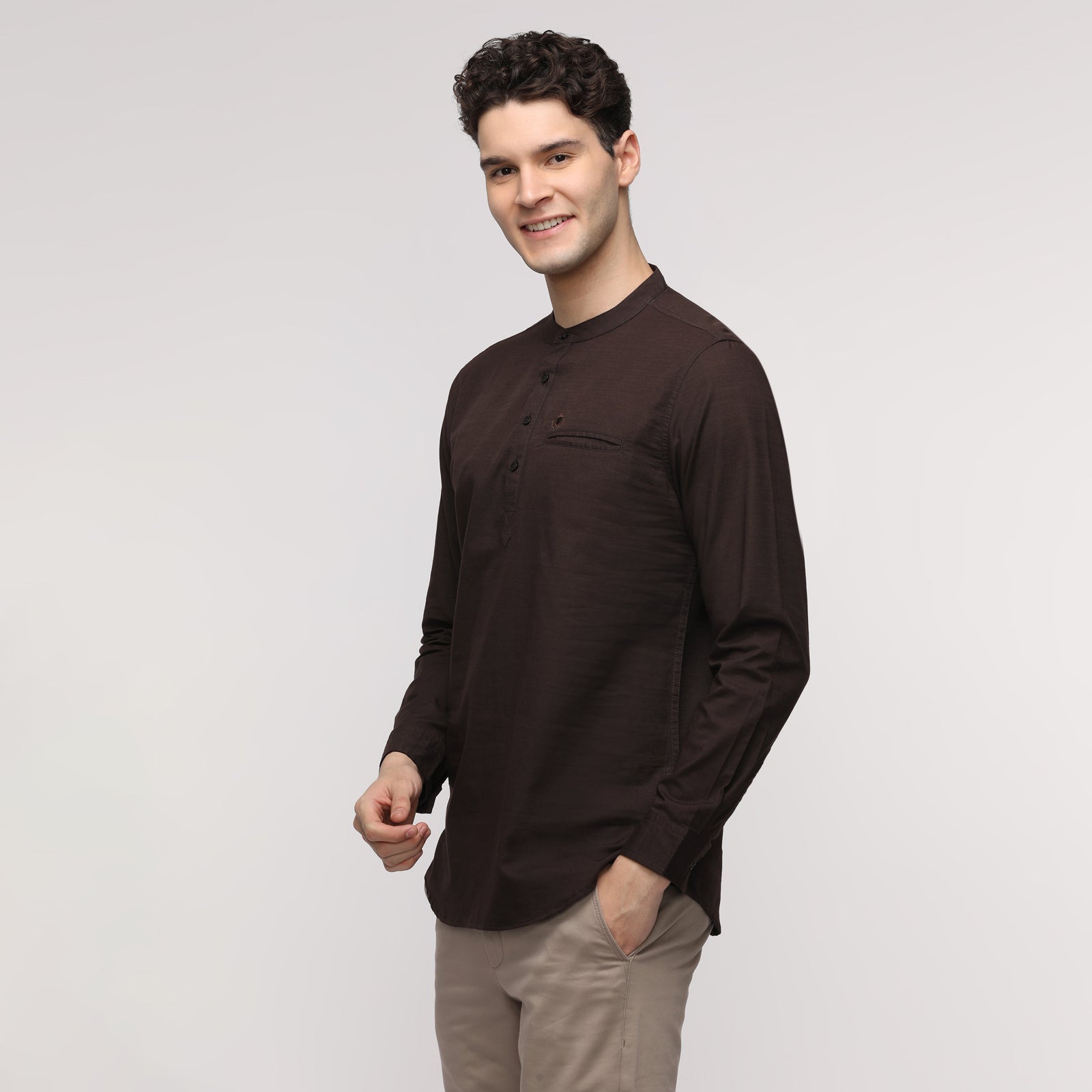 Men's Coffee Solid Full Sleeve Short Kurthi