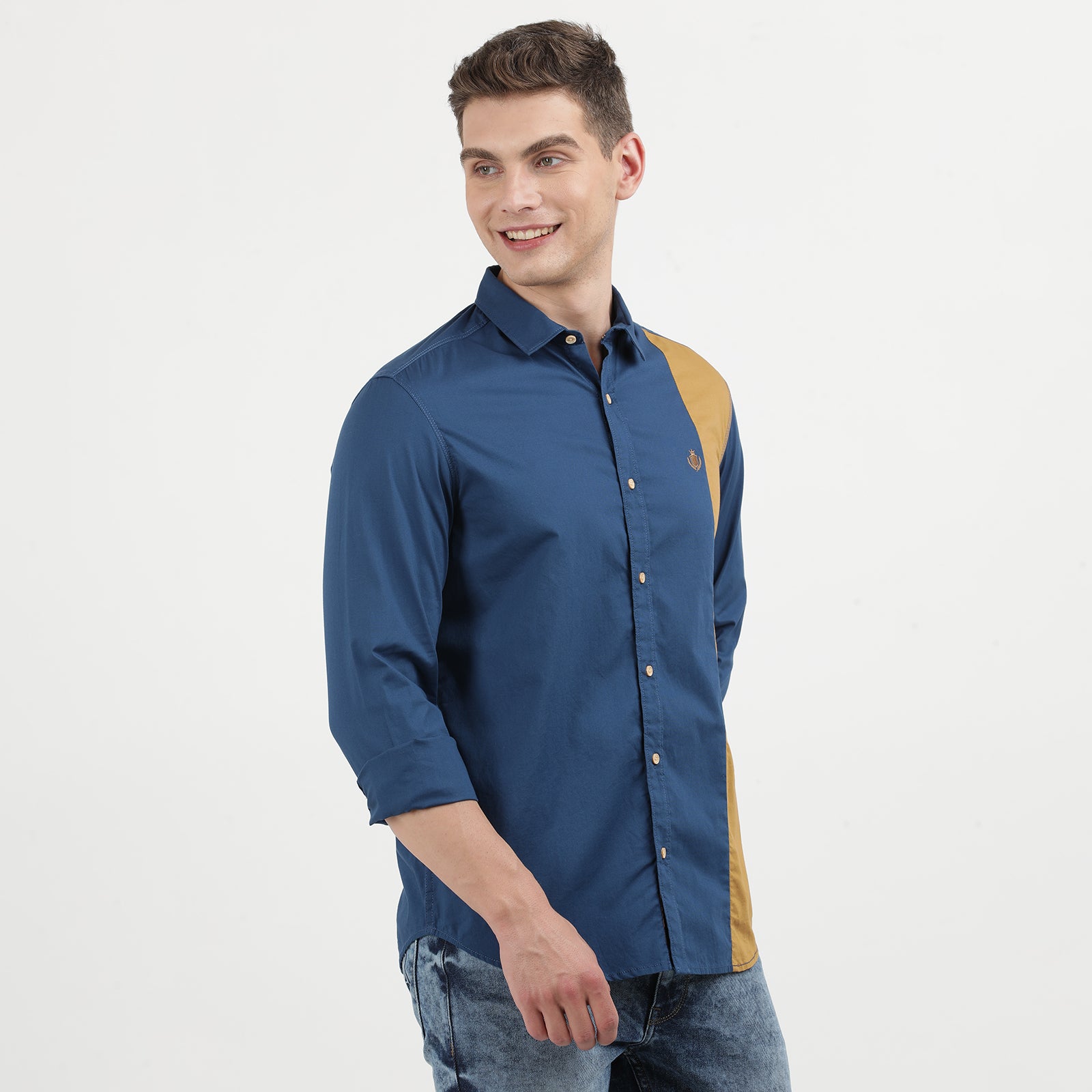 Poseidon Blue and Grit Colored Cut and Sew Full Sleeve Casual Shirt