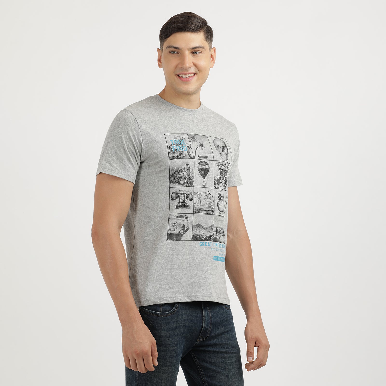 Men's Grey Melange Great Time So Fun Print Round Neck T-Shirt