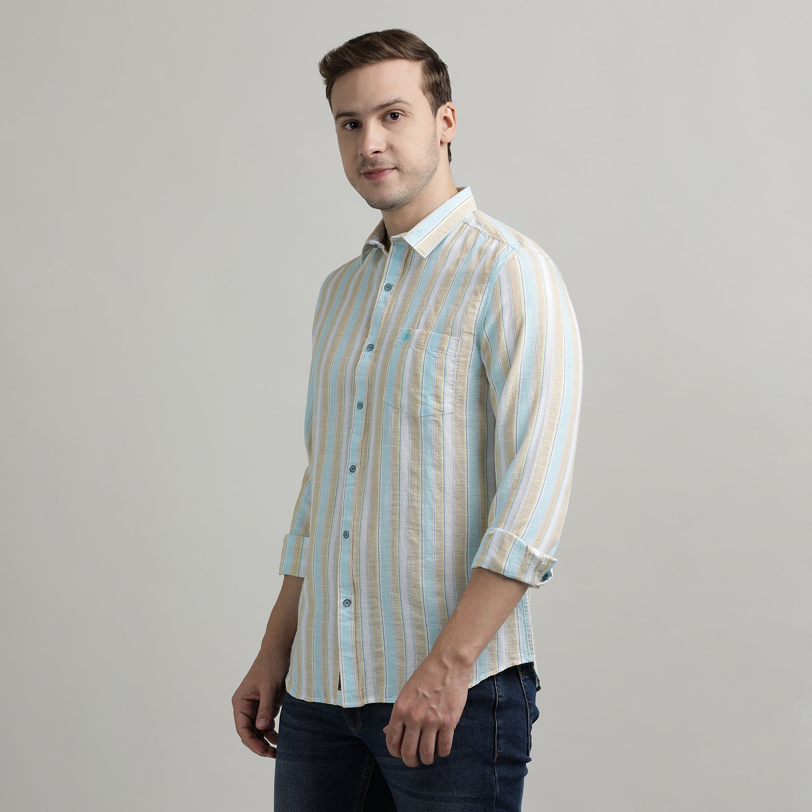 Beige & Blue Striped Full Sleeve Shirt