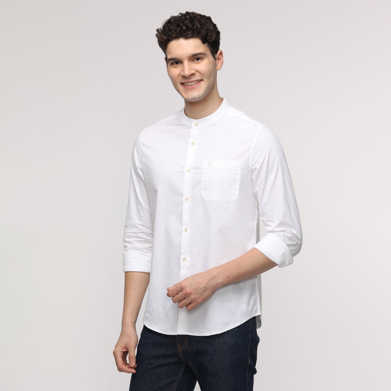 Men's White colored Solid Oxford Fabric Mandarin Full Sleeve Casual Shirt