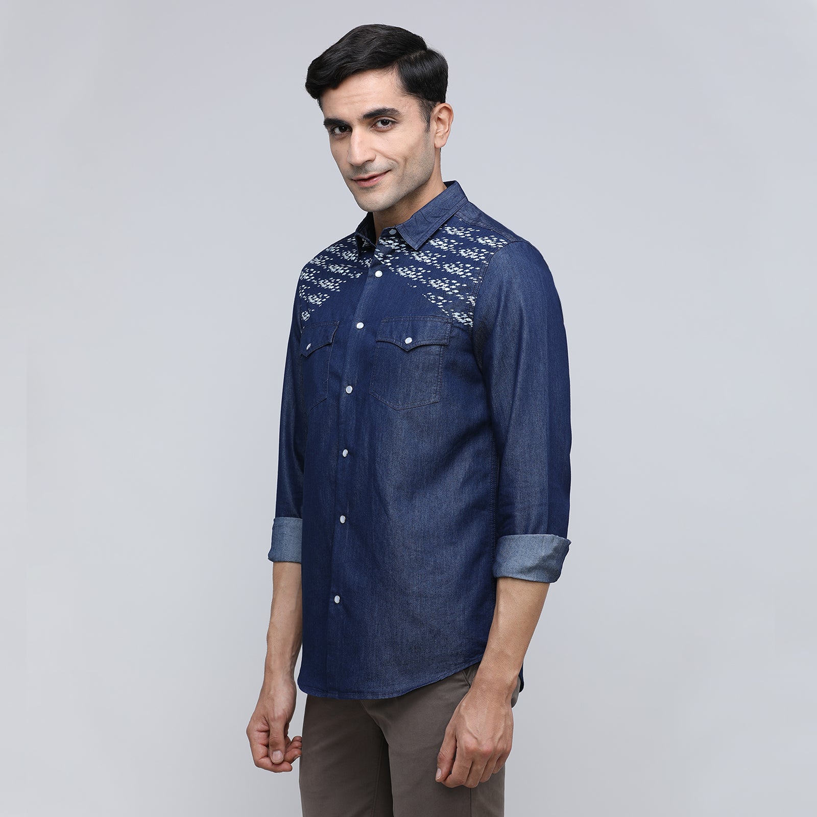 Indo Cotton Men's Printed Denim Full Sleeve Shirt