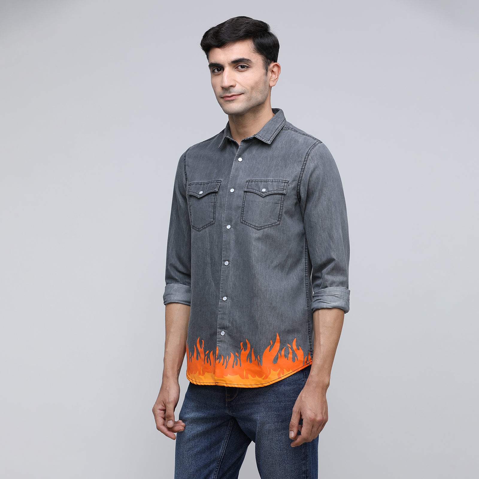 Indo Cotton Men's Denim Printed Full Sleeve Shirt