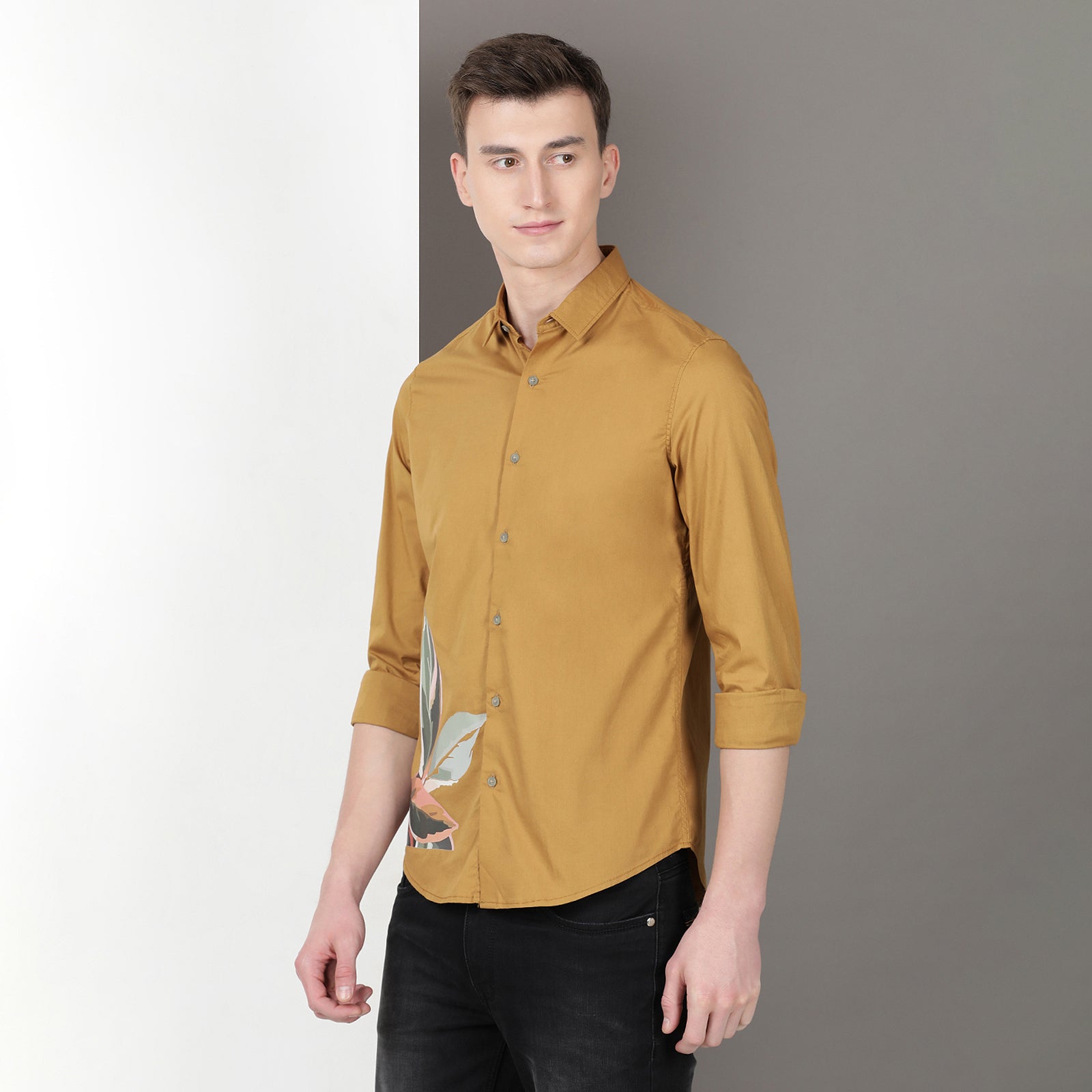 Mustard Solid Printed Full Sleeve Shirt