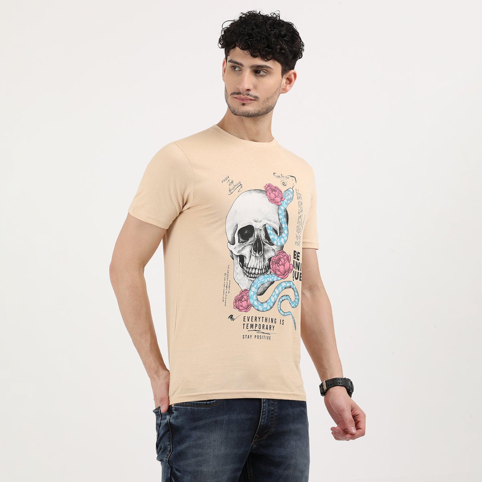 Honey Peach Everything is Temporary Skull Print Round Neck T-Shirt