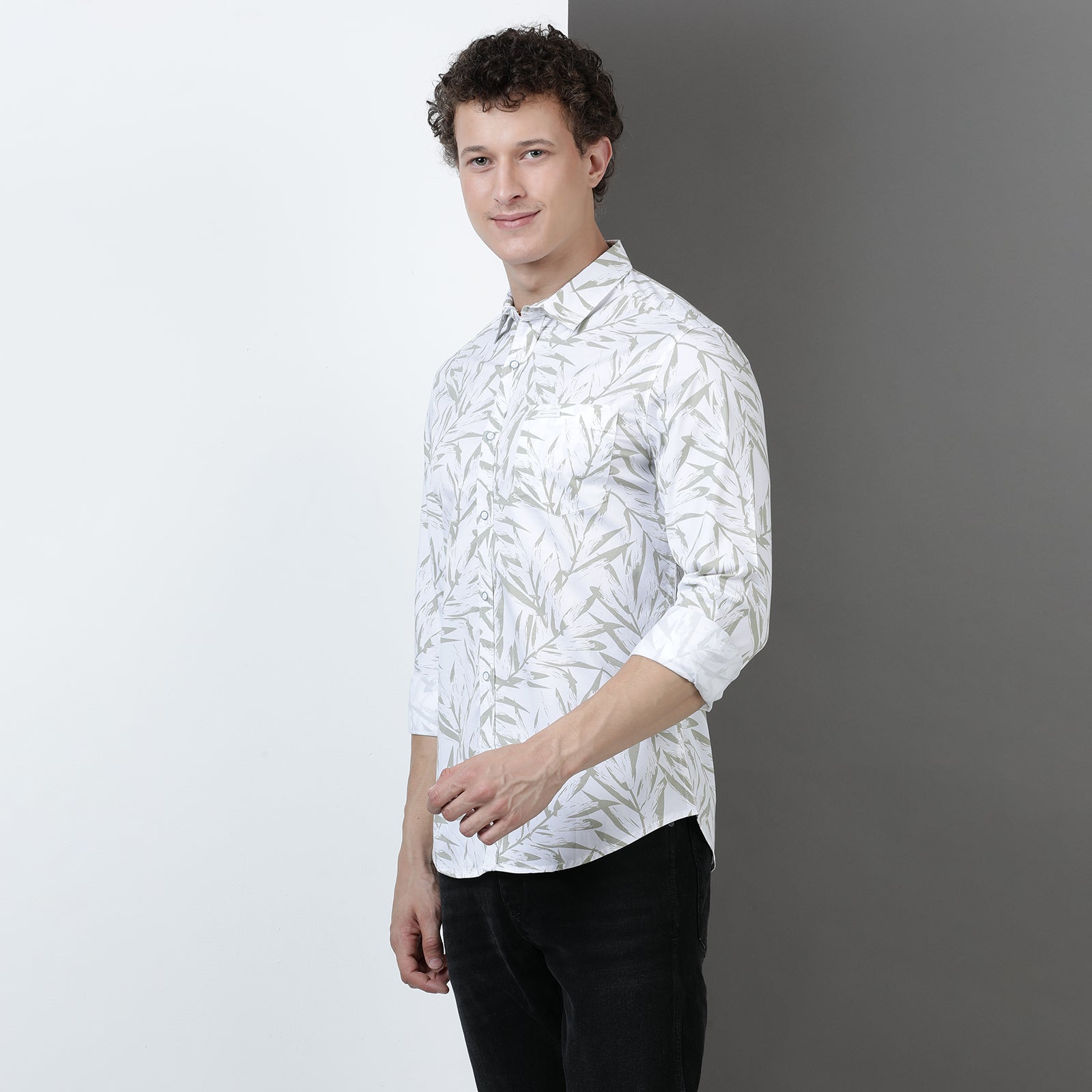 White & Green Printed Full Sleeve Shirt