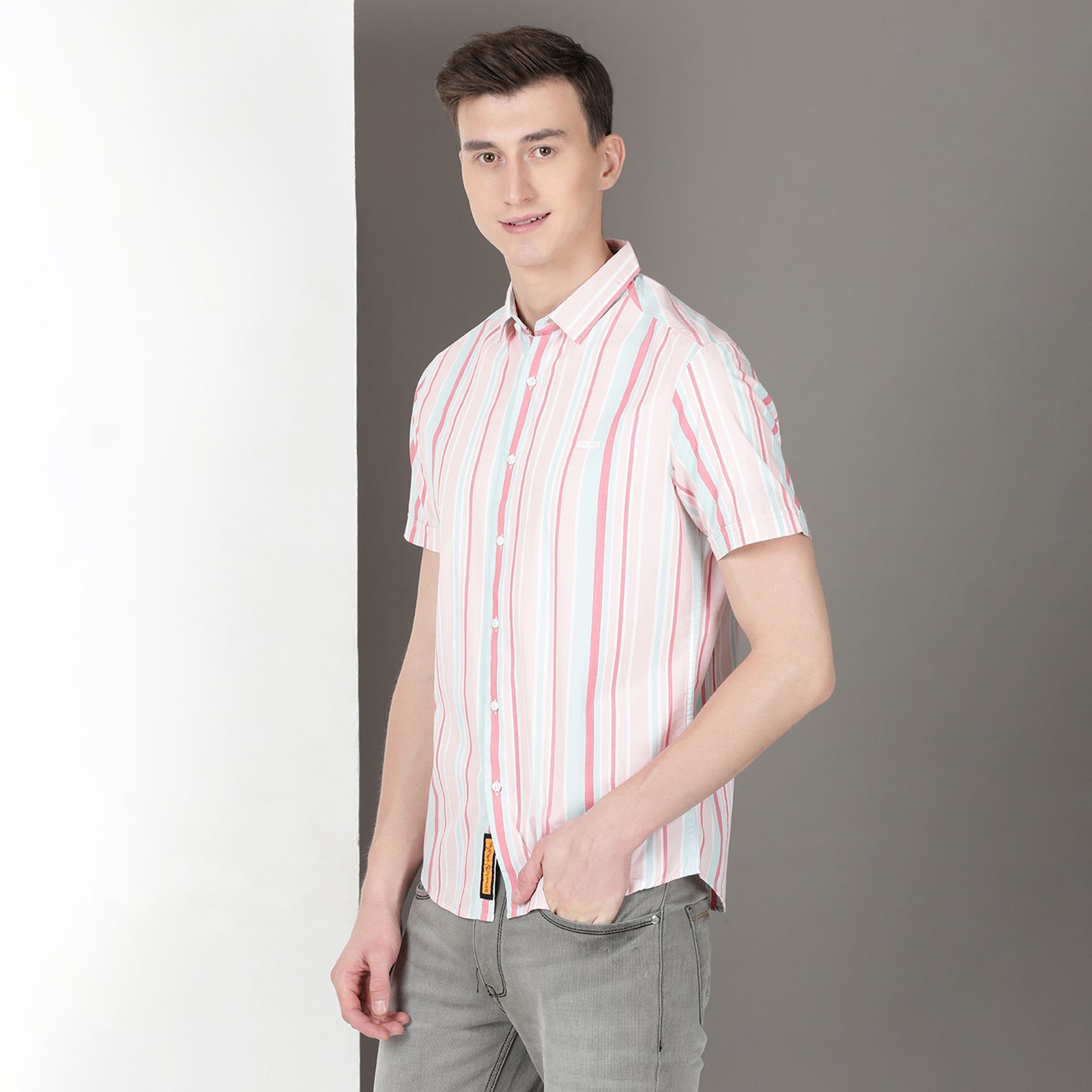 Pink & Green Half Sleeve Stripes Shirt