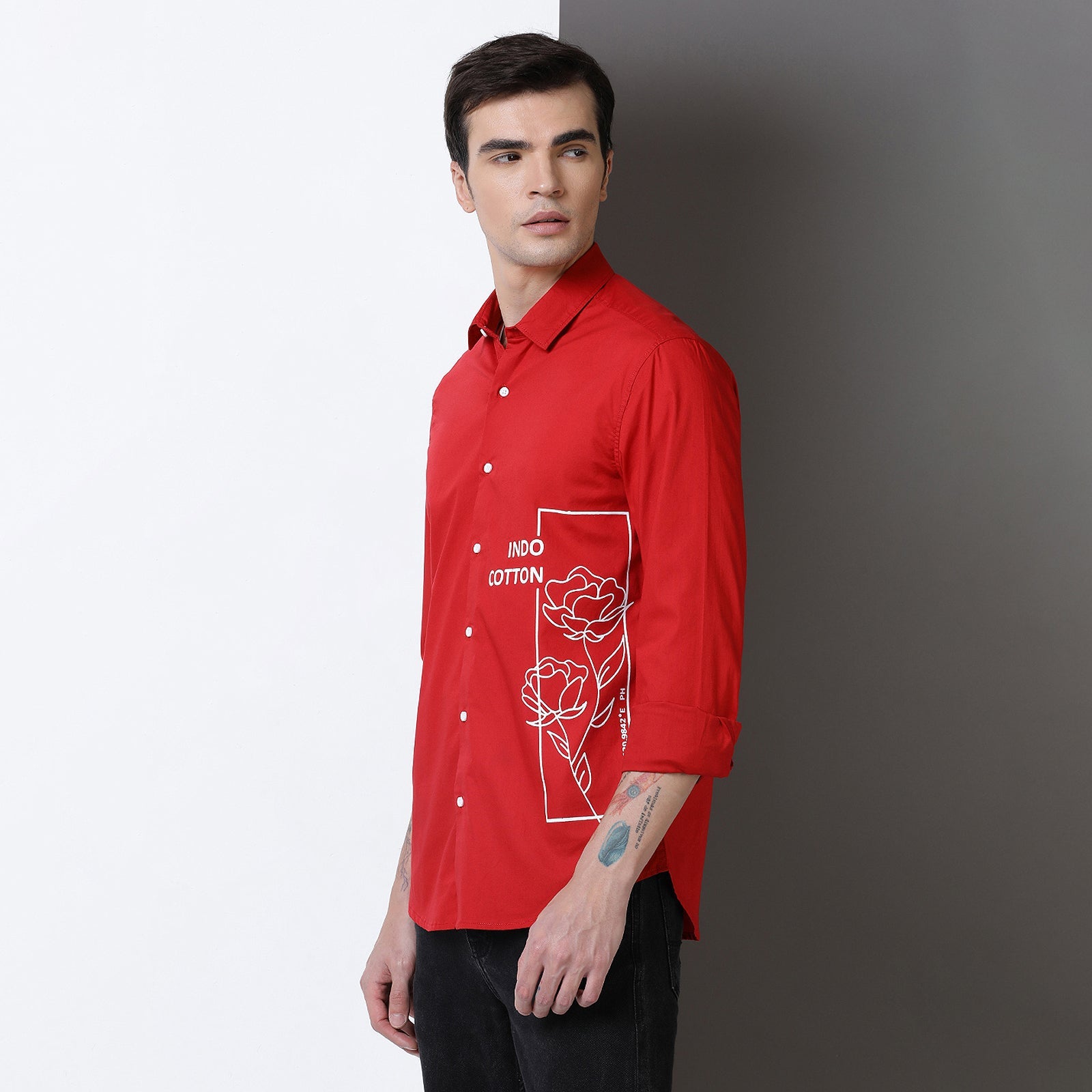 Red Colour With White Print Full Sleeve Shirt