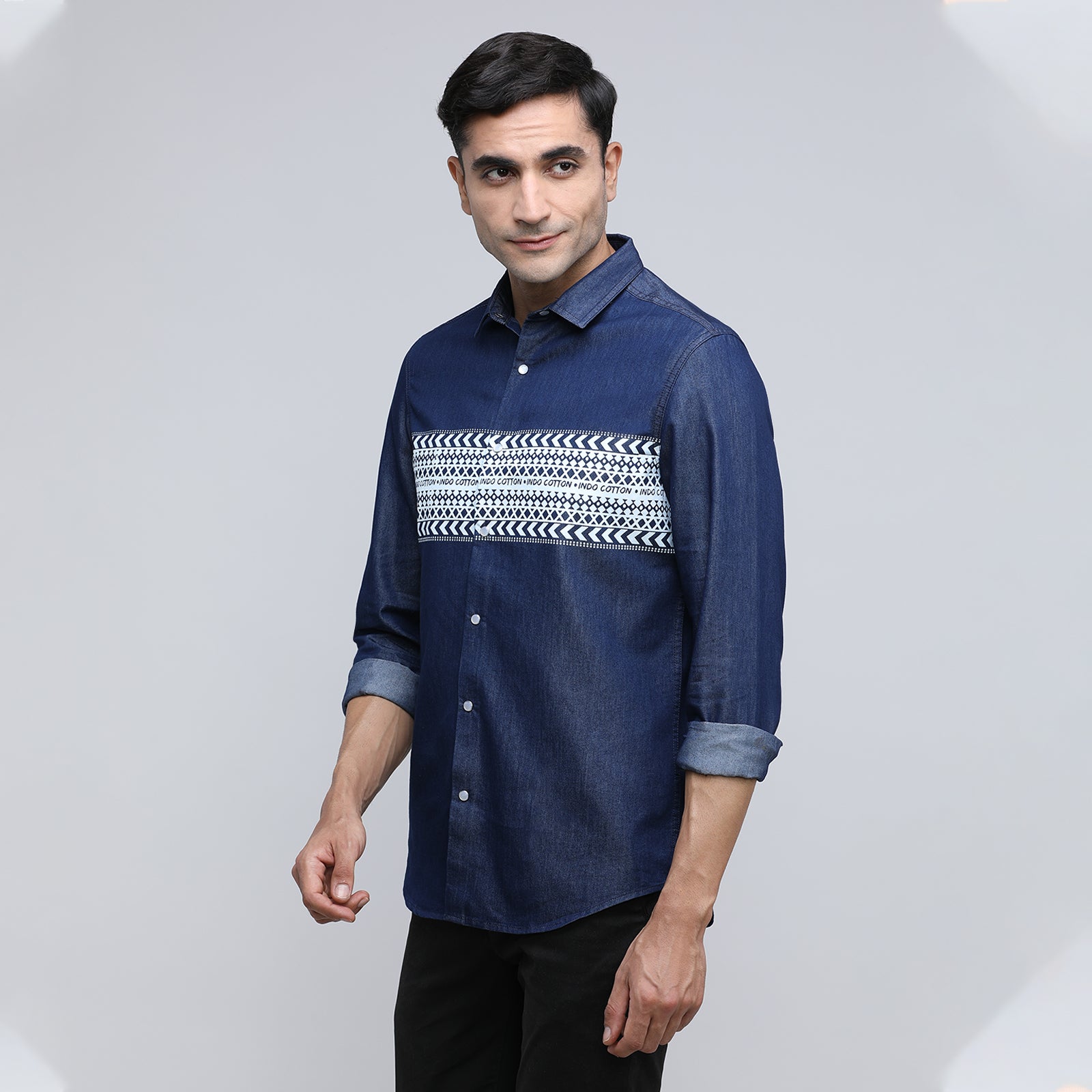 Indo Cotton Men's Denim Printed Full Sleeve Shirt