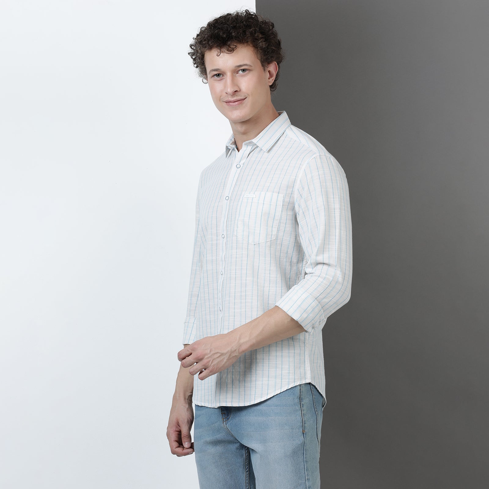 Cream & Blue Yarn Dyed Strips Full Sleeve Shirt