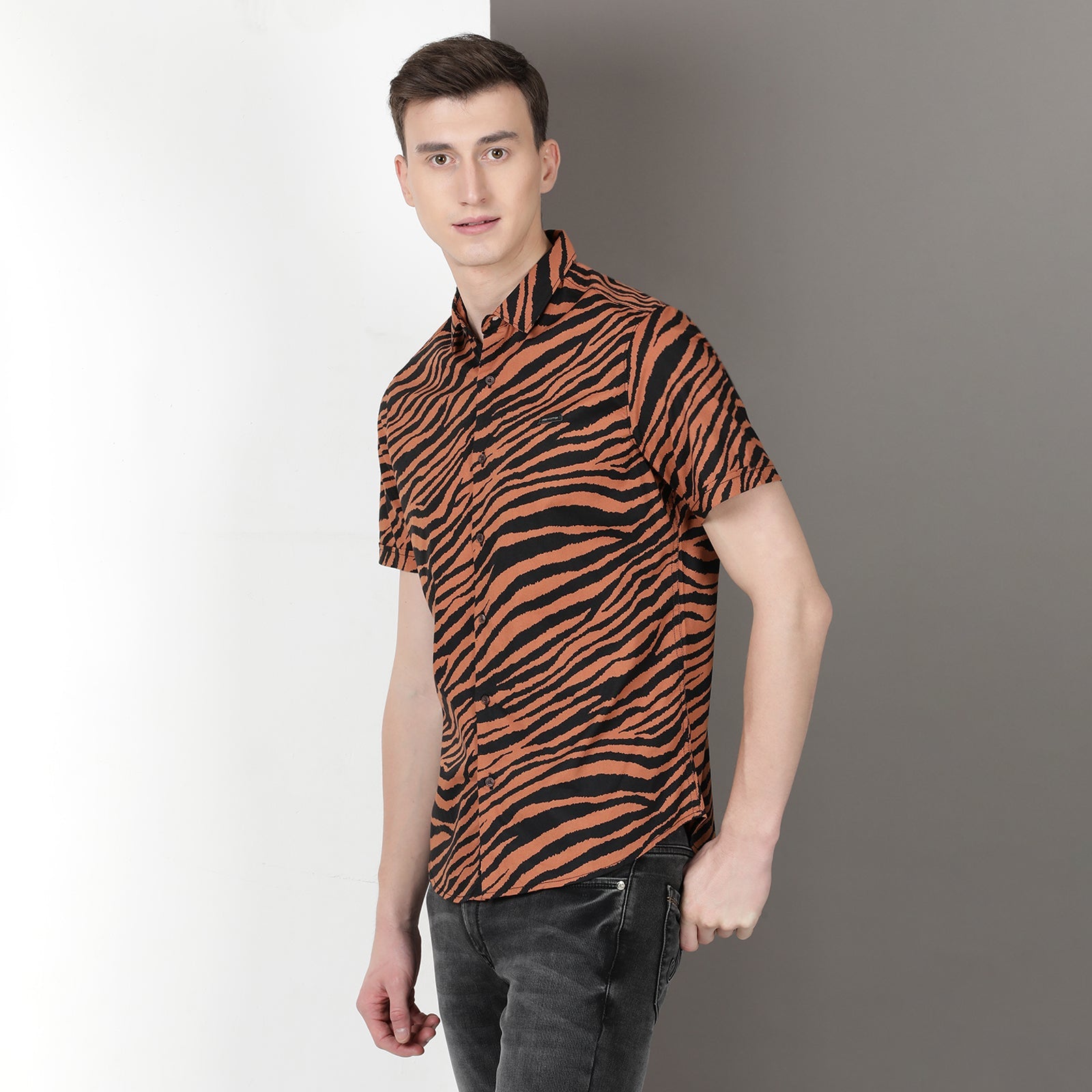 Brown & Black Animal Print Half Sleeve Shirt