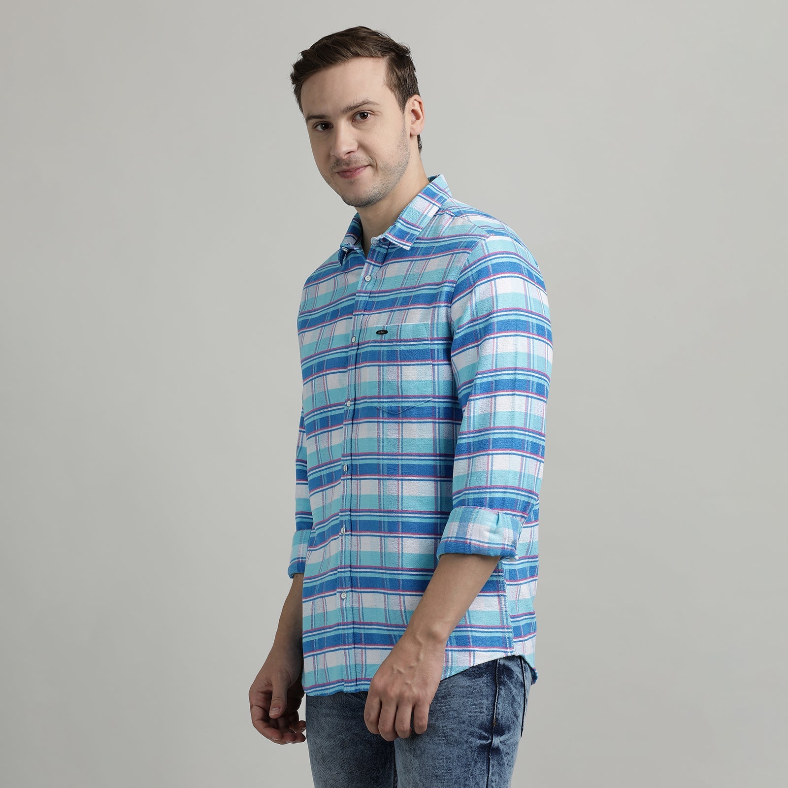 Aqua Blue And White Checks Full Sleeve Shirt